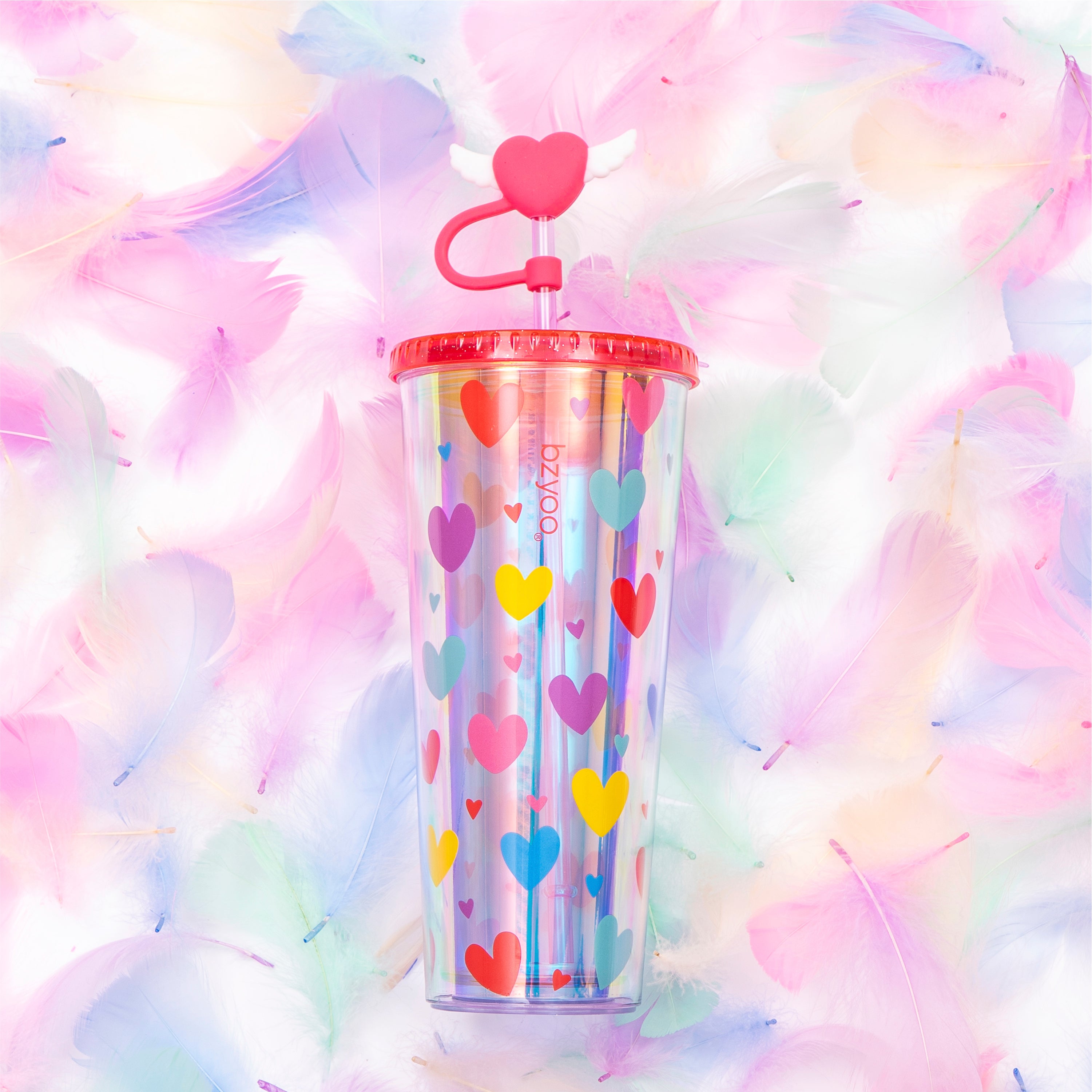 24oz Insulated Tumbler with Heart-Shaped Lid & Wing Straw - Cute Heart Design Vacuum Flask for Coffee, Tea & Cold Drinks - Perfect for Office, Gym & Outdoor Activities