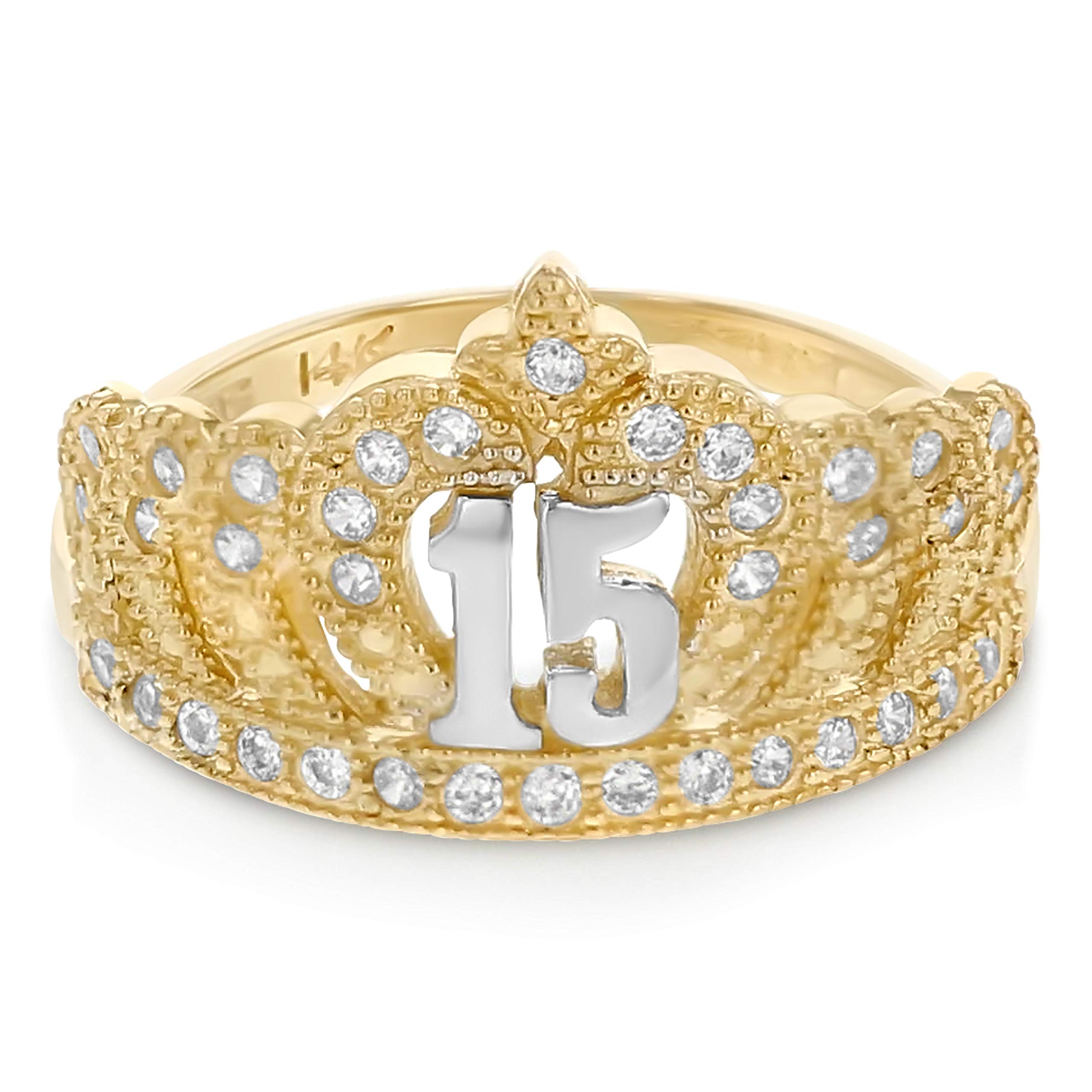 14K Two Tone Solid Gold CZ Princess Ring for 15th Birthday & Quinceañera - Perfect Sweet 16 Gift, Teen Jewelry for Special Occasions