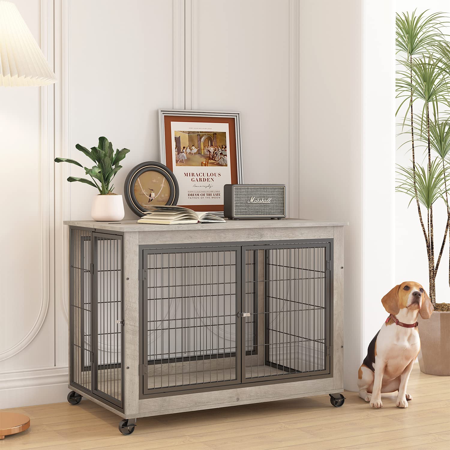 Stylish Wooden Dog Crate Furniture - 38.5 Inch Decorative Pet Kennel with 3 Doors, Flip-Up Top & Wheels for Large/Medium/Small Dogs | Indoor Rustic Grey Dog House for Living Room, Bedroom & Office