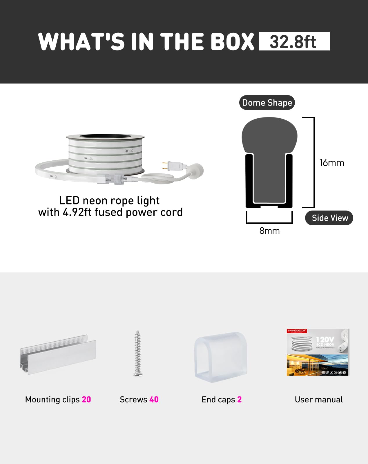 Shine Decor LED Rope Lights AC 120V - Connectable & Cuttable Dotless 120LEDs/M Eco Neon Strip Lighting - ETL Certified IP65 Waterproof & Weather-Resistant - 8x16mm Pink 32.8FT - Perfect for Home, Commercial, Party, Wedding & Outdoor Decorations