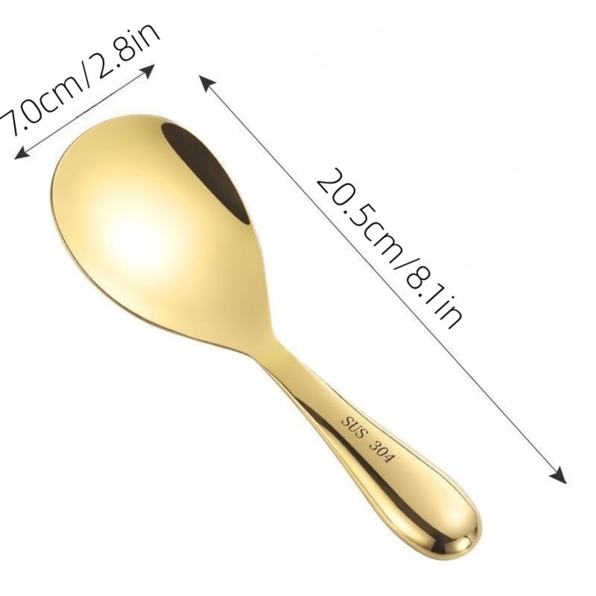 8 Inch Gold Rice Spoon - 304 Stainless Steel Rice Scooper & Paddle - Rust-Free Kitchen Utensil for Serving, Scooping & Stirring Rice - Perfect for Asian Cuisine, Buffets & Home Cooking
