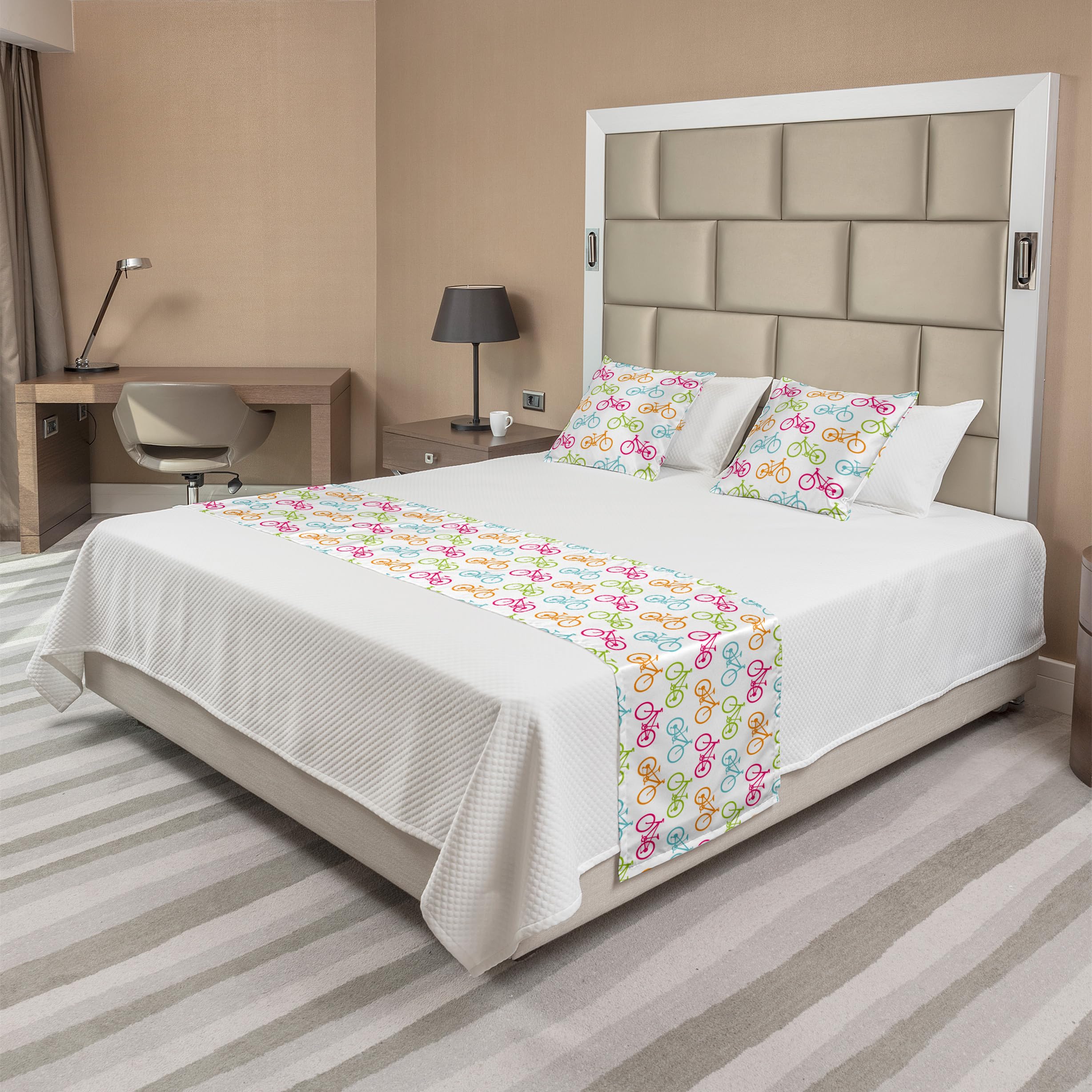 Ambesonne Bicycle Bed Runner Set with 2 Pillow Shams - Modern Cycling Themed Home Decor for Queen Beds, Multicolor - Perfect for Bedroom, Hotel, and Guest Room Styling