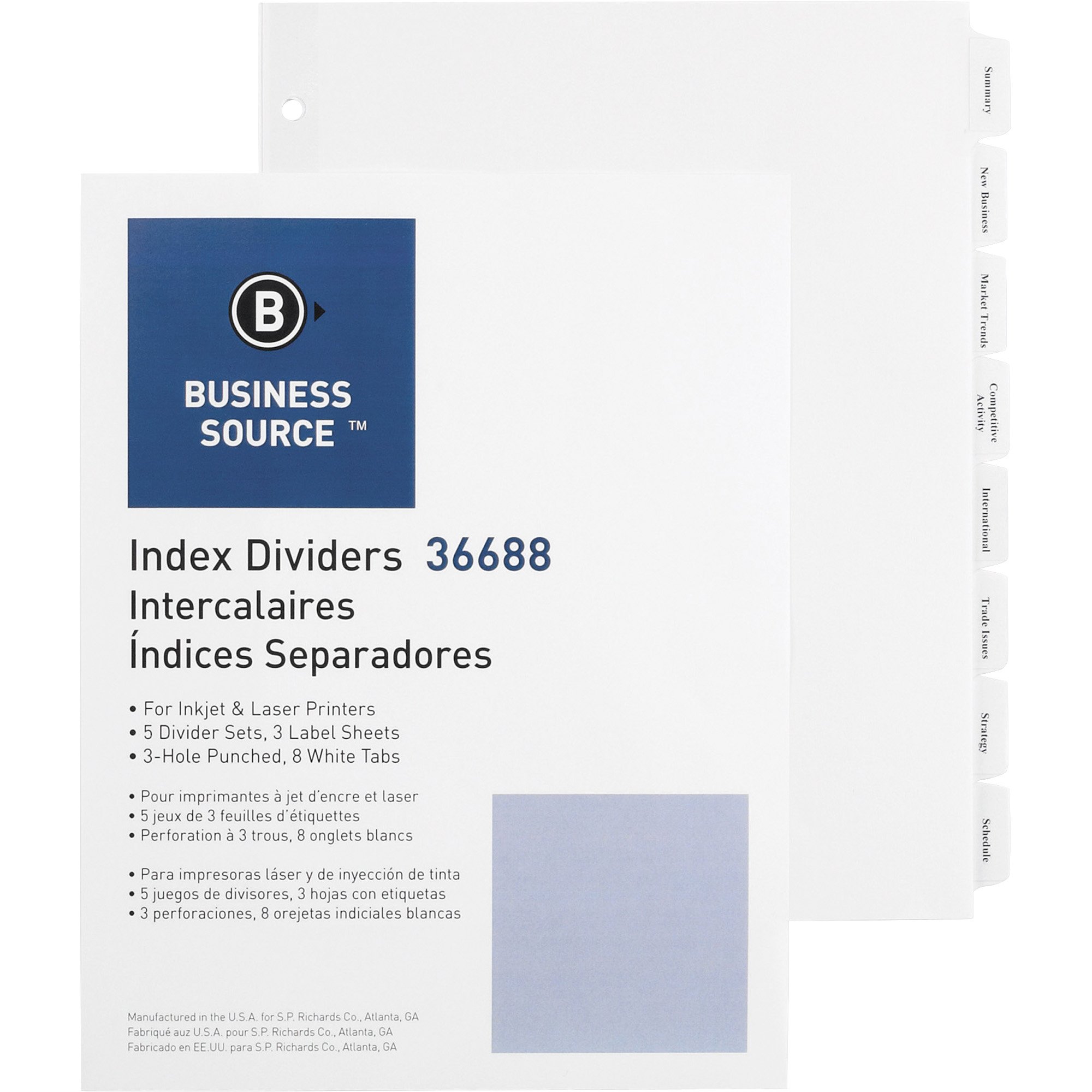 Business Source Punched Laser Index Dividers - Set of 8 White Tabs (36688) - Perfect for Office Filing, Document Organization, and Binder Systems