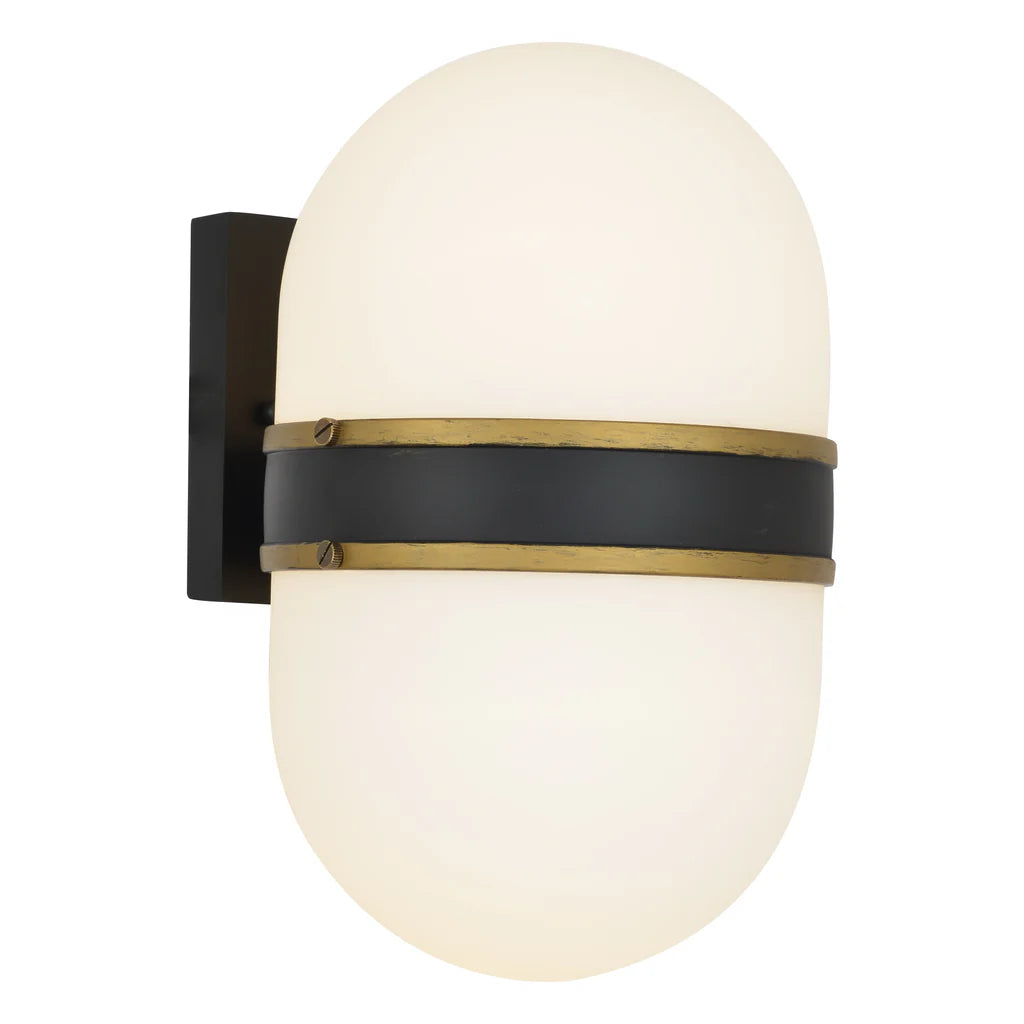 Brian Patrick Flynn Capsule 2-Light Outdoor Wall Sconce - 8x13.25 Inch Matte Black Stainless Steel & Glass Fixture with Textured Gold Finish - 120V E26 Medium Base LED Bulb Compatible - Perfect for Patio, Garden, Porch, Entryway & Exterior/Interior Wall Lighting