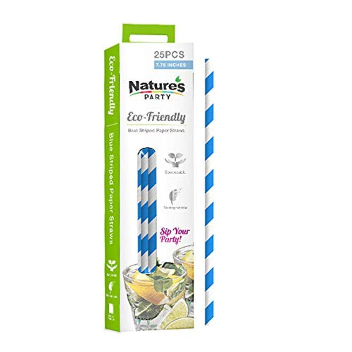 Blue and White Striped Paper Straws - 300 Pcs (7.75 Inch) - Eco-Friendly Disposable Drinking Straws for Parties, Weddings, Baby Showers & Summer Beverages