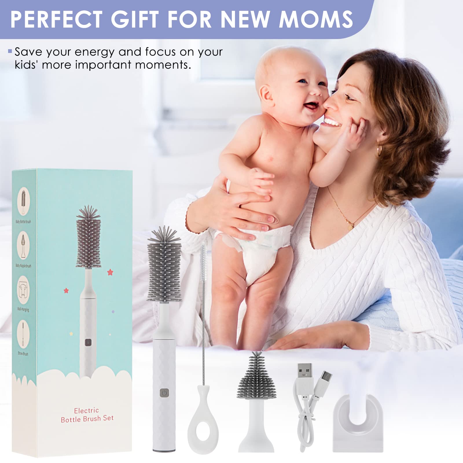 Electric Bottle Brush Cleaner with Silicone Brush Head - Rechargeable & Waterproof for Baby Bottles, Nipples, Straws - Wall Mountable - White - Perfect for Cleaning Hard-to-Reach Spots in Bottles, Cups, and Kitchenware