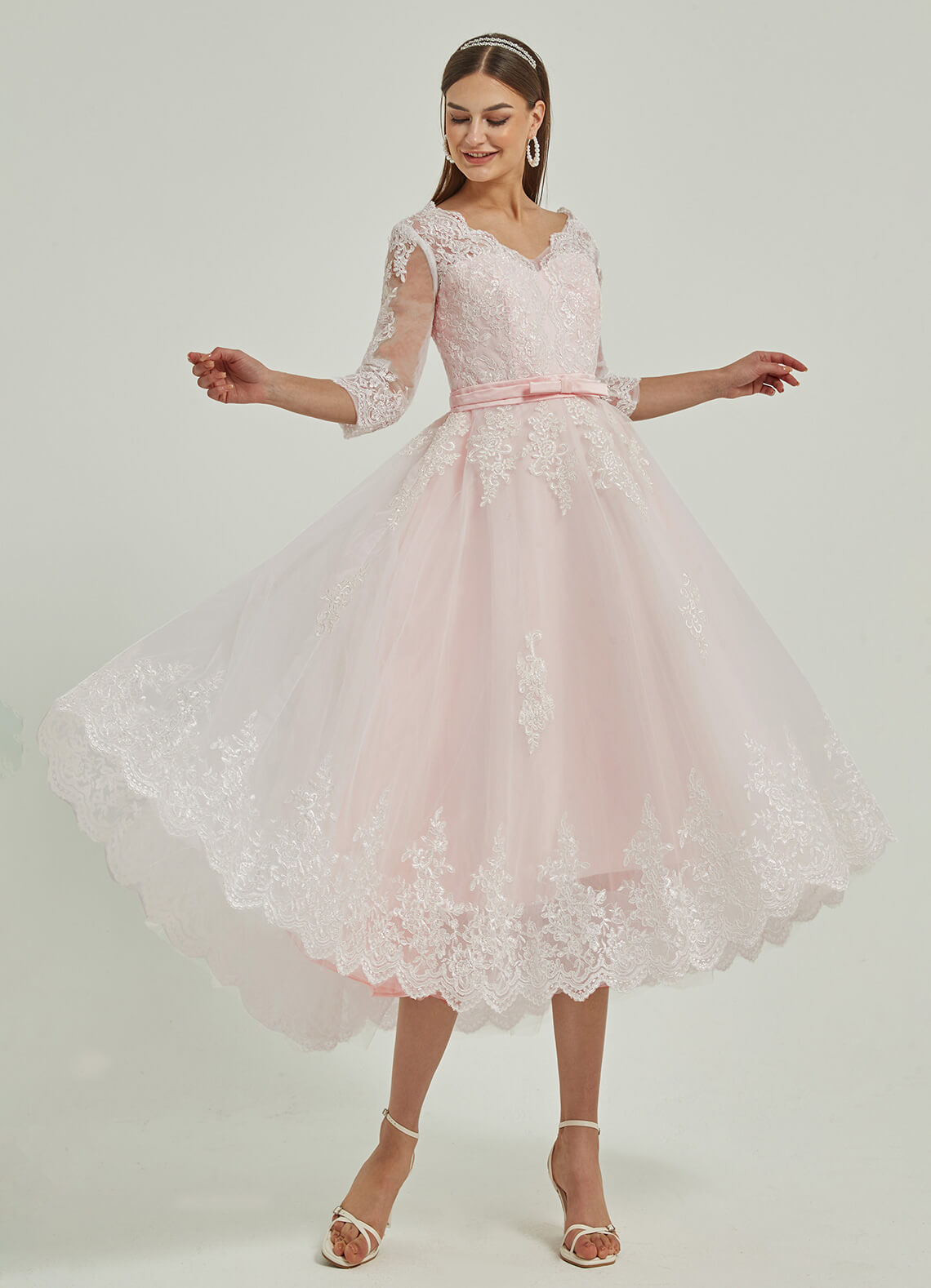 Elegant Diamond White & Blush Lace A-Line Wedding Dress with 3/4 Sleeves & High-Low Hem - Perfect for Beach Weddings, Vow Renewals & Romantic Photoshoots