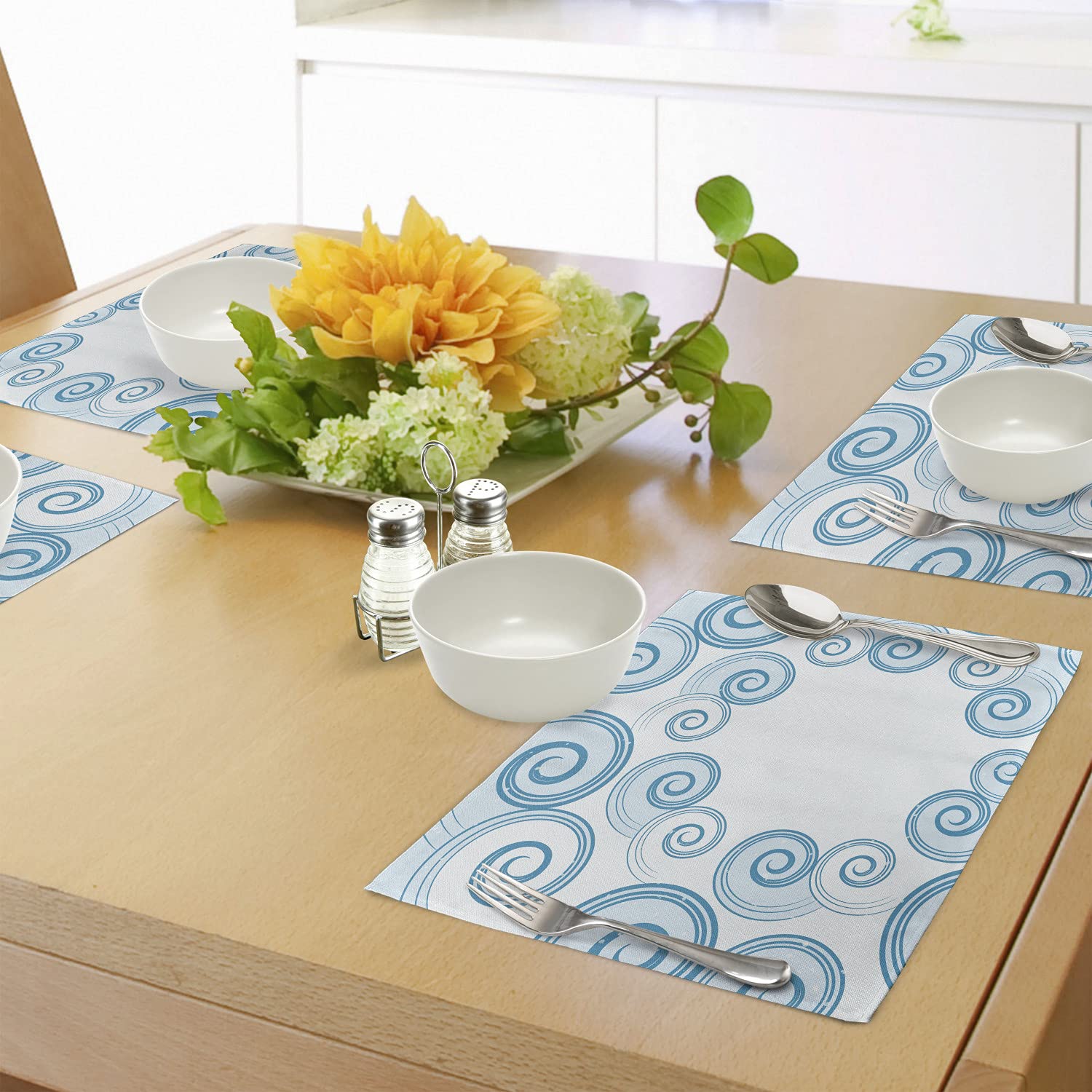 Ambesonne 4-Pack Teal and White Placemats - Ocean Wave Inspired Abstract Blue Swirl Design, Washable Fabric Table Mats for Dining Room & Kitchen Decor | Perfect for Beach-Themed Dinner Parties, Coastal Home Styling, and Everyday Meals