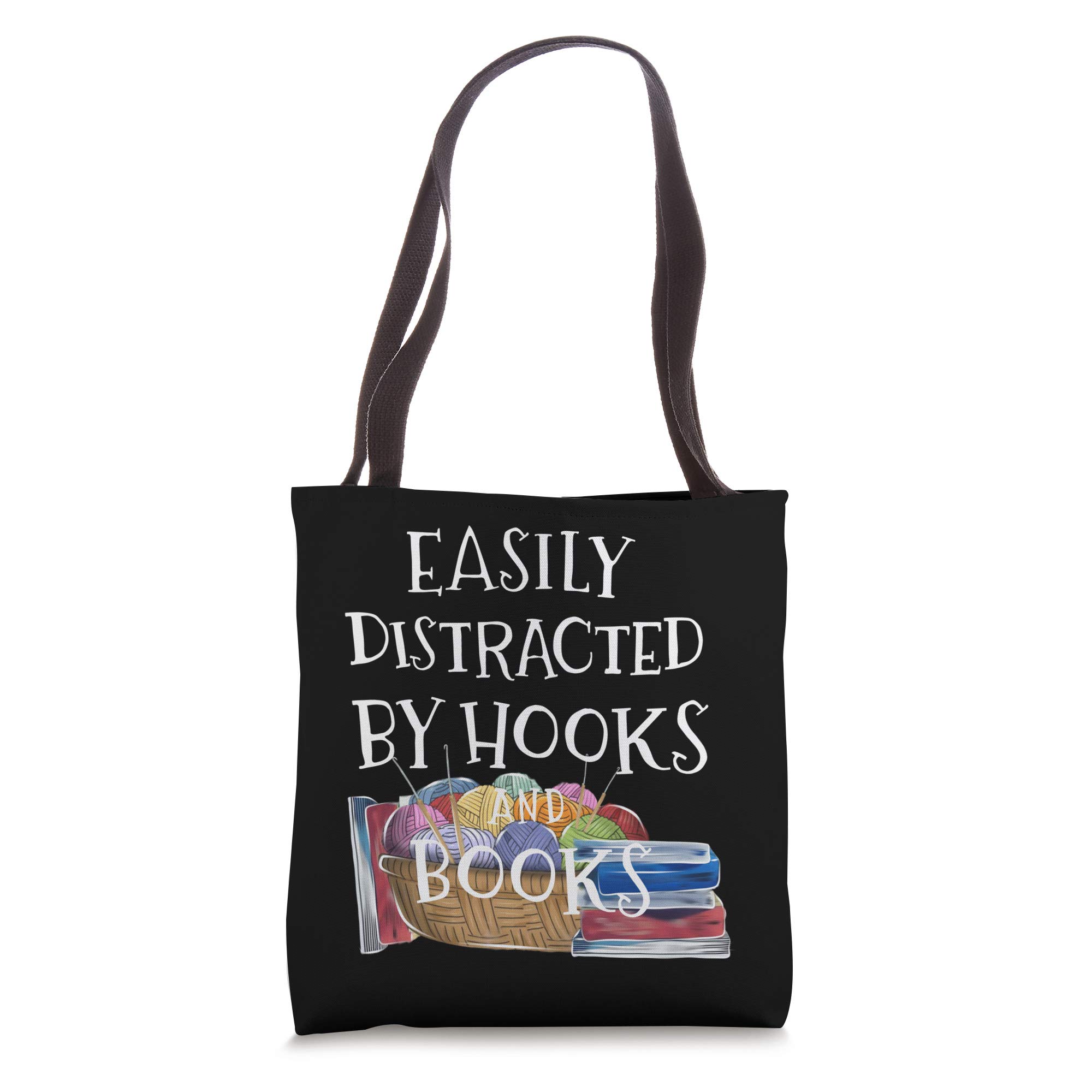 Funny Crochet Tote Bag for Book Lovers - Easily Distracted by Hooks & Books - Perfect Gift for Knitters & Readers (Ideal for Bookstores, Libraries & Crafting)