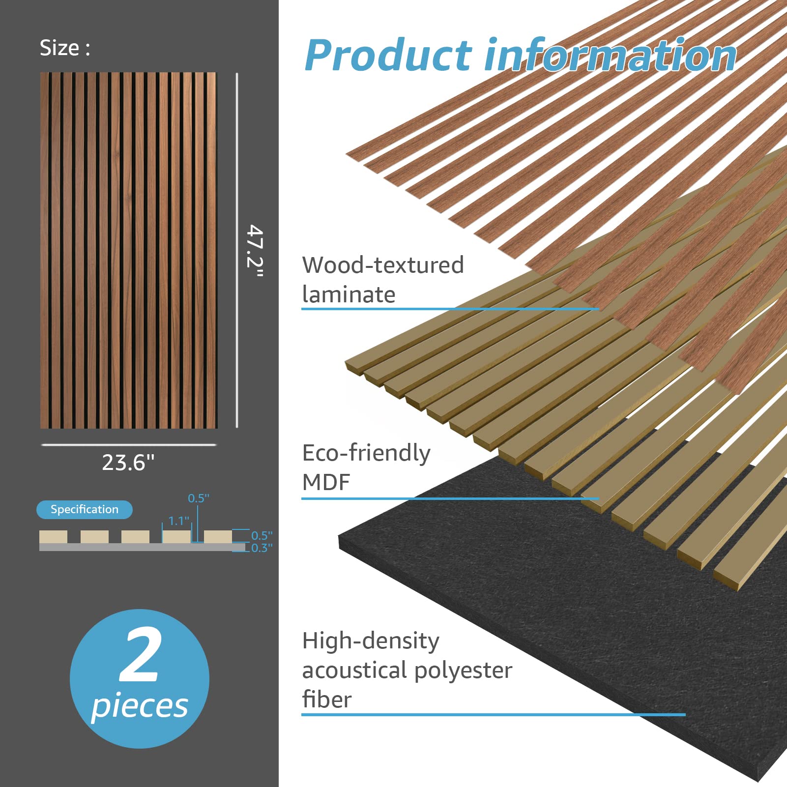 Art3d 2-Pack Wood Slat Acoustic Panels for Wall & Ceiling - 3D Fluted Sound Absorbing Panels with Natural Walnut Finish - Perfect for Home Theater, Office & Studio Soundproofing