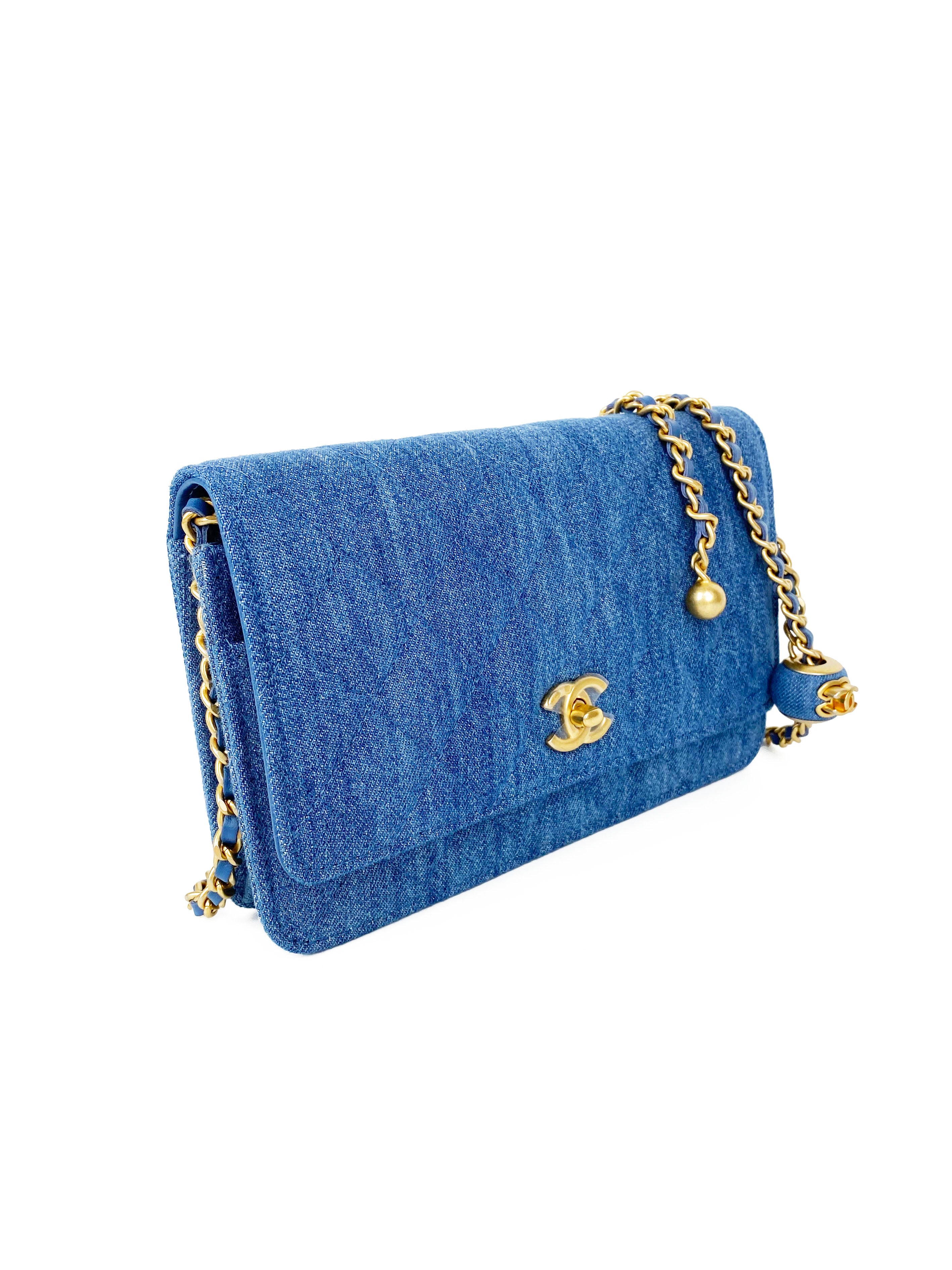 Chanel 22C Denim Wallet on Chain with Pearl Crush - Stylish Crossbody Bag for Women | Perfect for Parties, Date Nights & Everyday Use