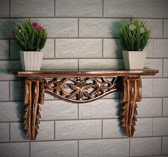 Hand Carved Wooden Wall Shelf - Brown Lacquered Floating Shelf for Living Room, Bedroom, Office Decor | Rustic Home Storage & Display Shelf for Books, Plants, Photos