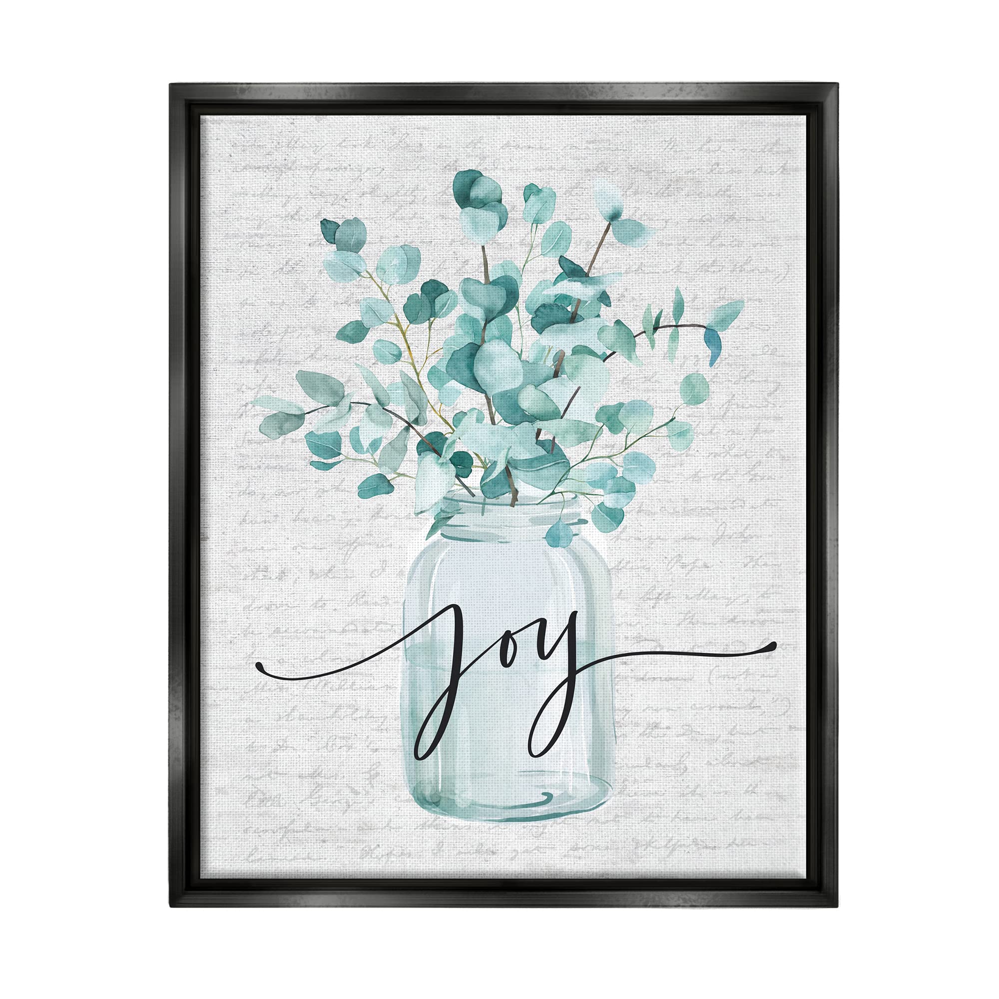 Stupell Industries Aqua Blue Plant Leaves in Jar Joy Text Wall Art - 12x12 Inch Floater Frame Home Decor - Botanical Print for Living Room, Bedroom & Office