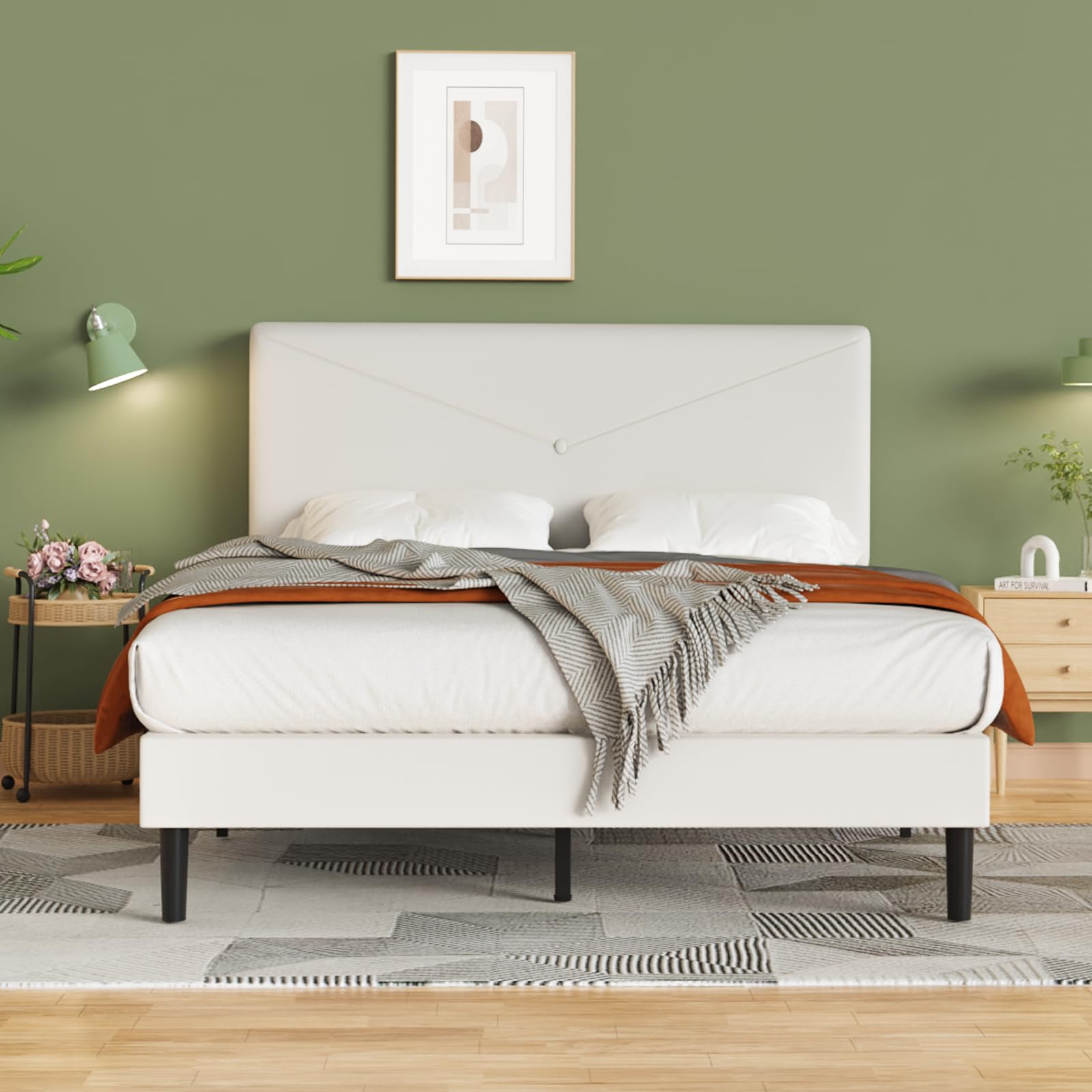 Flolinda Queen Size Velvet Bed Frame - Button Tufted Upholstered Platform Bed with Headboard | Sturdy Wooden Slats & Mattress Foundation | No Box Spring Needed | Easy Assembly | White | Perfect for Modern Bedrooms & Guest Rooms