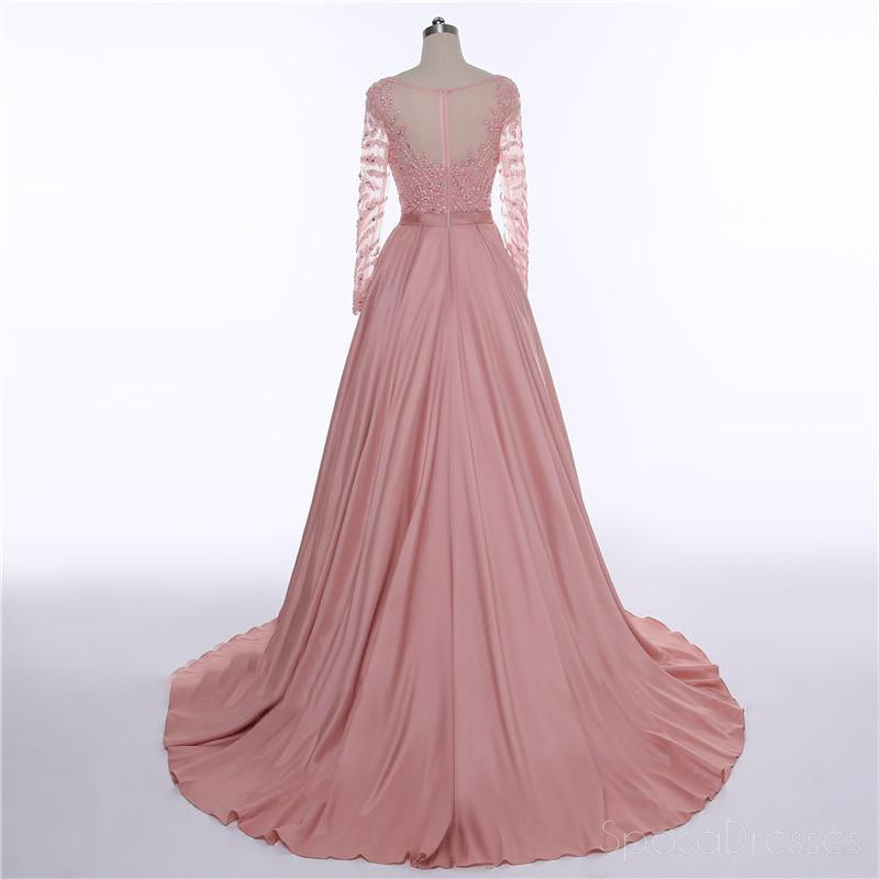 Elegant Long Sleeve Sheer Beaded Dusty Pink Evening Prom Dress - 2018 Popular Party Gown for Formal Events & Special Occasions