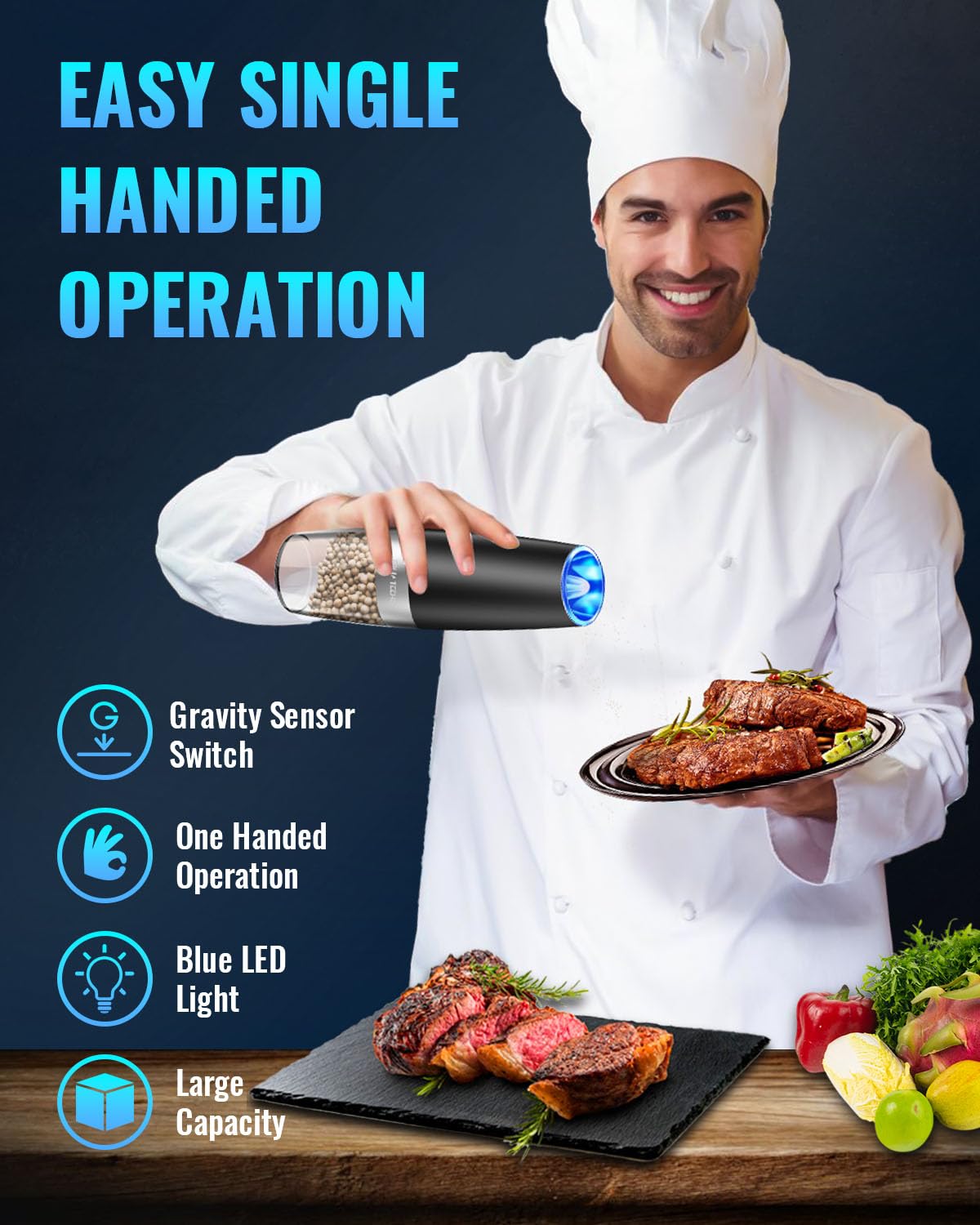 Sweet Alice Gravity Electric Pepper and Salt Grinder Set - Adjustable Coarseness, Battery Powered with LED Light, One-Hand Automatic Operation, Stainless Steel Mill (Black) - Perfect for Kitchen, Dining Table, and Outdoor Cooking