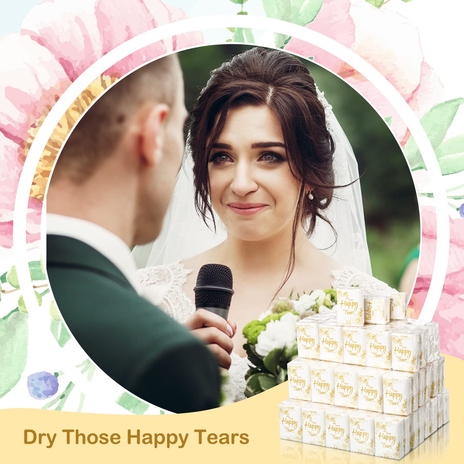 100 Pcs Happy Tears Tissues - Premium 3-Ply Facial Tissues for Wedding Welcome Bags, Party Favors, Graduation Ceremonies | Mini Travel Size Pocket Tissues for Guests, Emotional Moments & Special Occasions