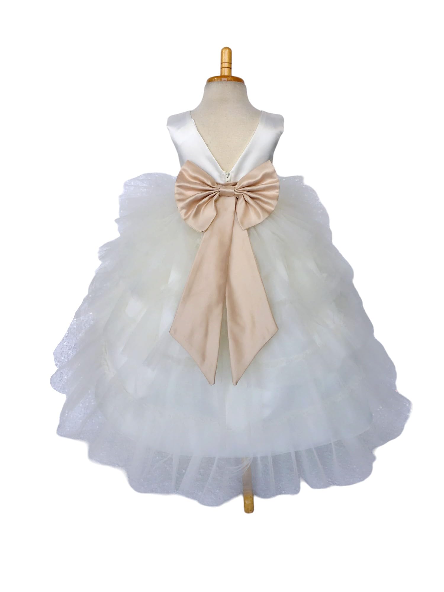 Ivory Sleeveless High-Low Tulle Flower Girl Dress with Ruffle Details - Perfect for Weddings, Birthday Parties & Special Occasions (Size 14, Champagne Accessories Included)