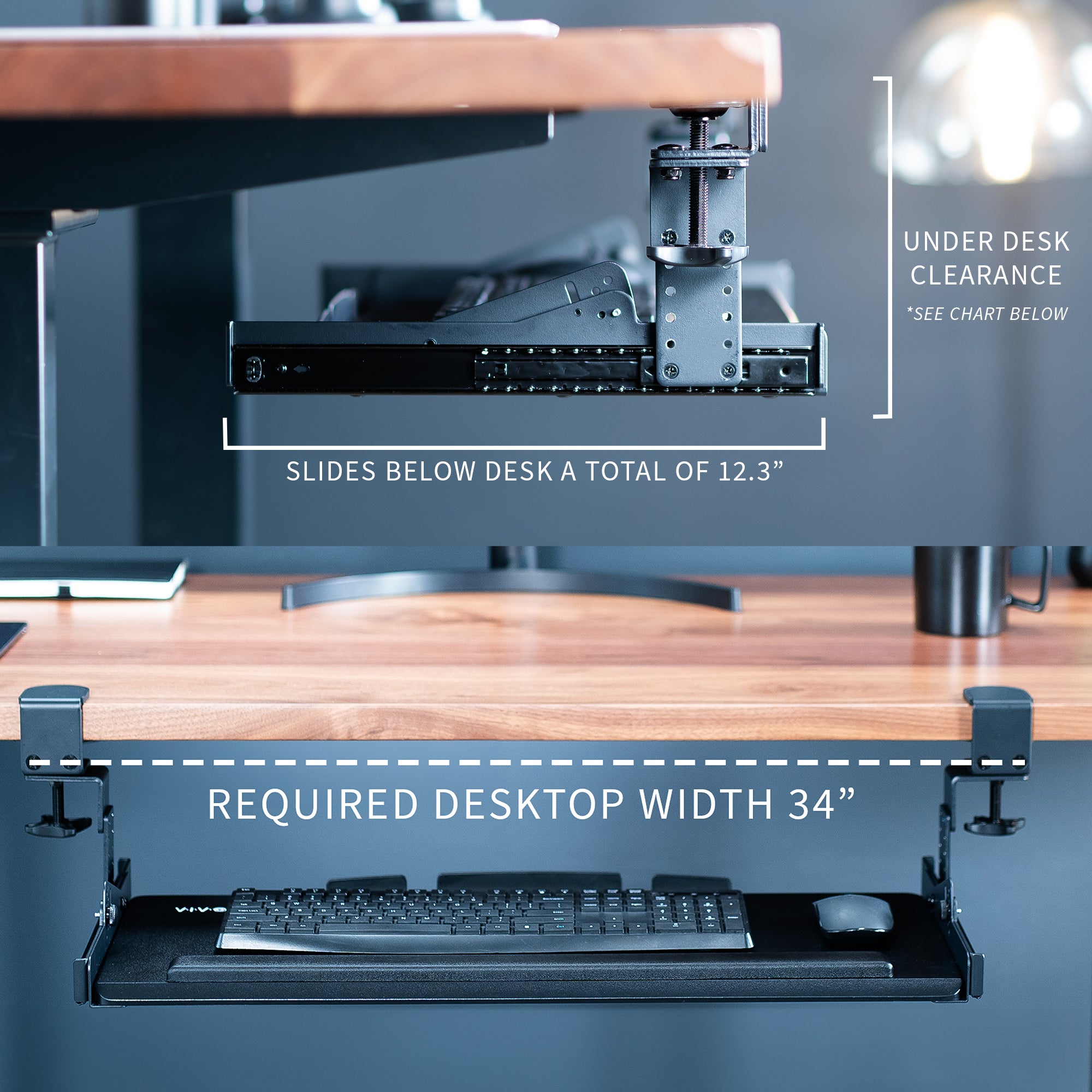 Ergonomic Clamp-On Height Adjustable Tilting Keyboard Tray - Under Desk Mount for Home & Office Workstations - Perfect for Computer Desks, Standing Desks, and Workspace Organization