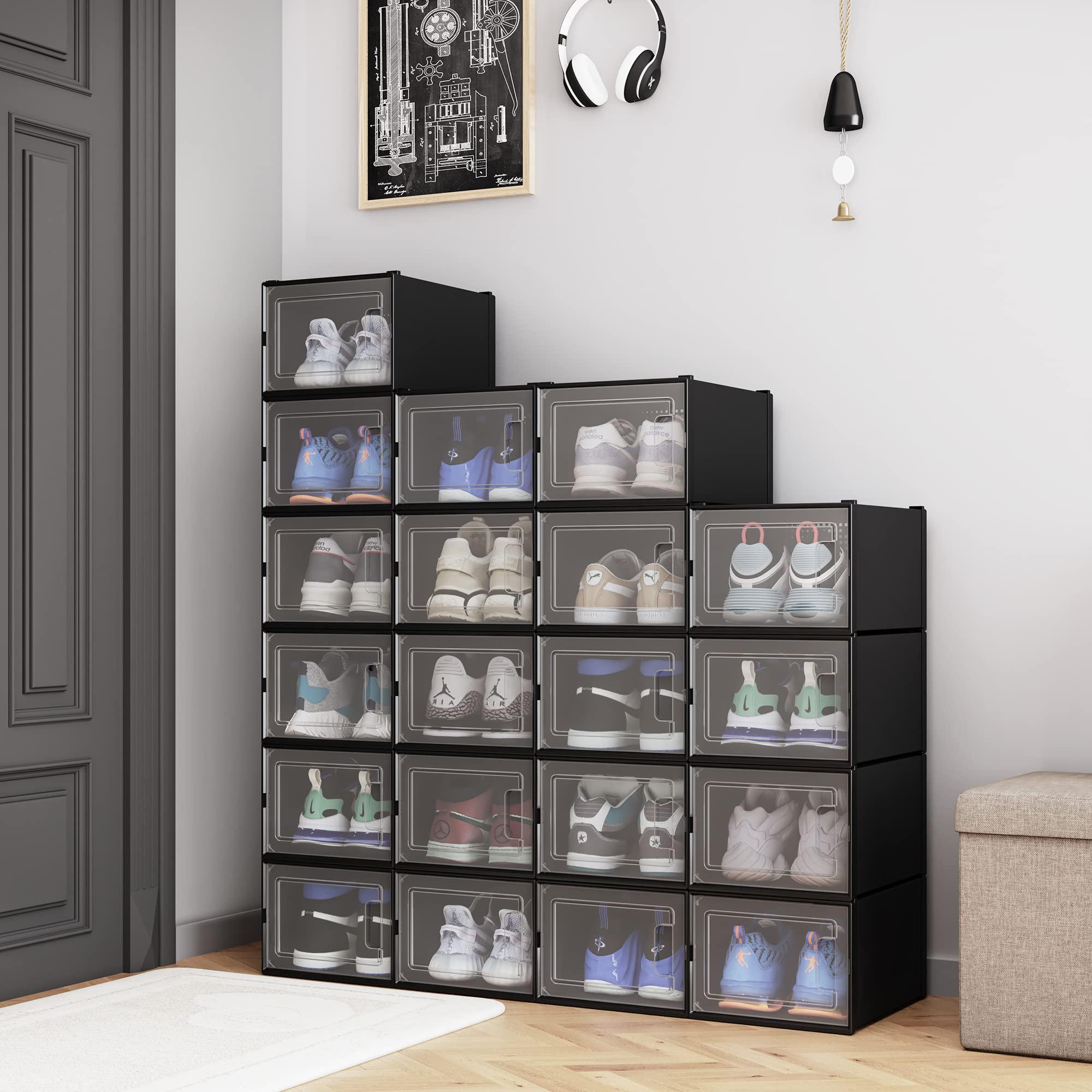 YITAHOME XL Shoe Storage Box - 20 Pack Stackable Shoe Organizer with Drawers, Black (Fits All Shoe Sizes) - Perfect for Closet, Bedroom, Entryway & Shoe Store Organization
