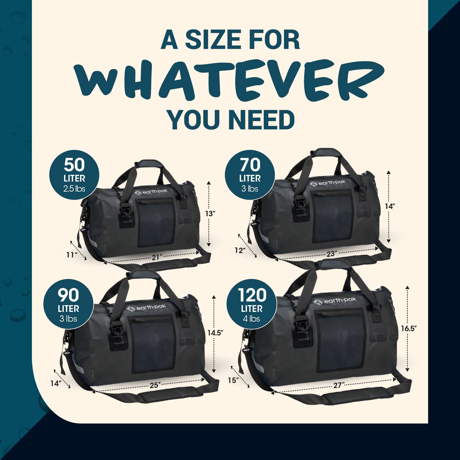 Earth Pak Waterproof Duffel Bag - Heavy Duty Motorcycle Dry Bag with Large Storage Space (50L/70L/90L/120L) - Ideal for Travel, Camping, Kayaking, Fishing & Canoeing - Perfect for Outdoor Adventures, Beach Trips and Water Sports Gear Storage