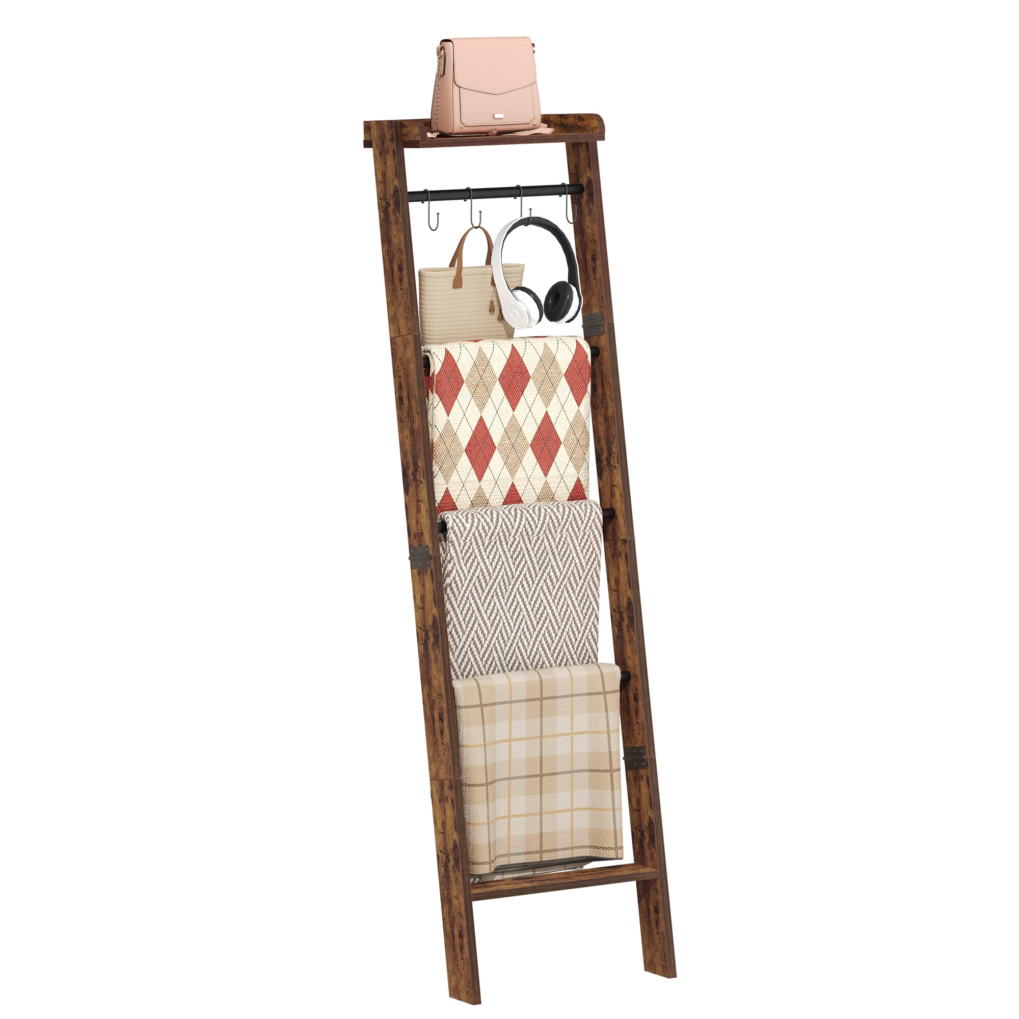 6-Tier Farmhouse Blanket Ladder Shelf - Rustic Brown & Black Storage Organizer with 4 Removable Hooks | Decorative Quilt Rack for Living Room, Bedroom & Home Decor | Perfect for Blanket Display, Towel Storage & Cozy Farmhouse Style