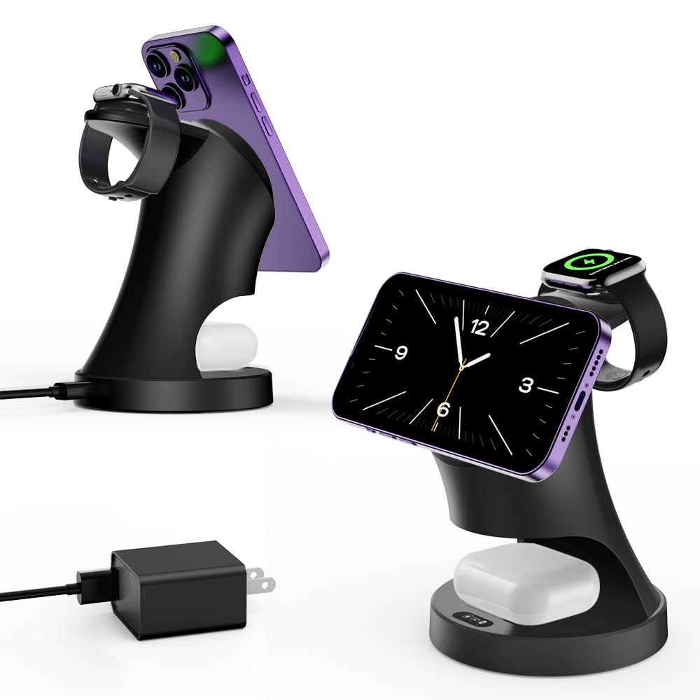 3-in-1 Magnetic Wireless Charging Station for iPhone 16/15/14/13/12 Pro Max & Apple Watch 9/8/7/6/5 & AirPods 3/2/Pro - Fast 15W Magsafe Charger with LED Display - Perfect for Bedside, Office & Travel Charging