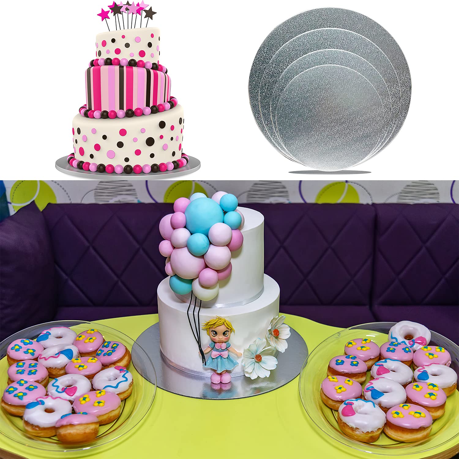 Premium 8-Pack Silver Cake Boards - 6, 8, 10, 12 Inch Round Cake Circles (2 Each Size) for Baking, Wedding & Birthday Cakes, Desserts, Pizza Decorating - Sturdy Cardboard Cake Base for Professional Baking, Party Display & Food Exhibition