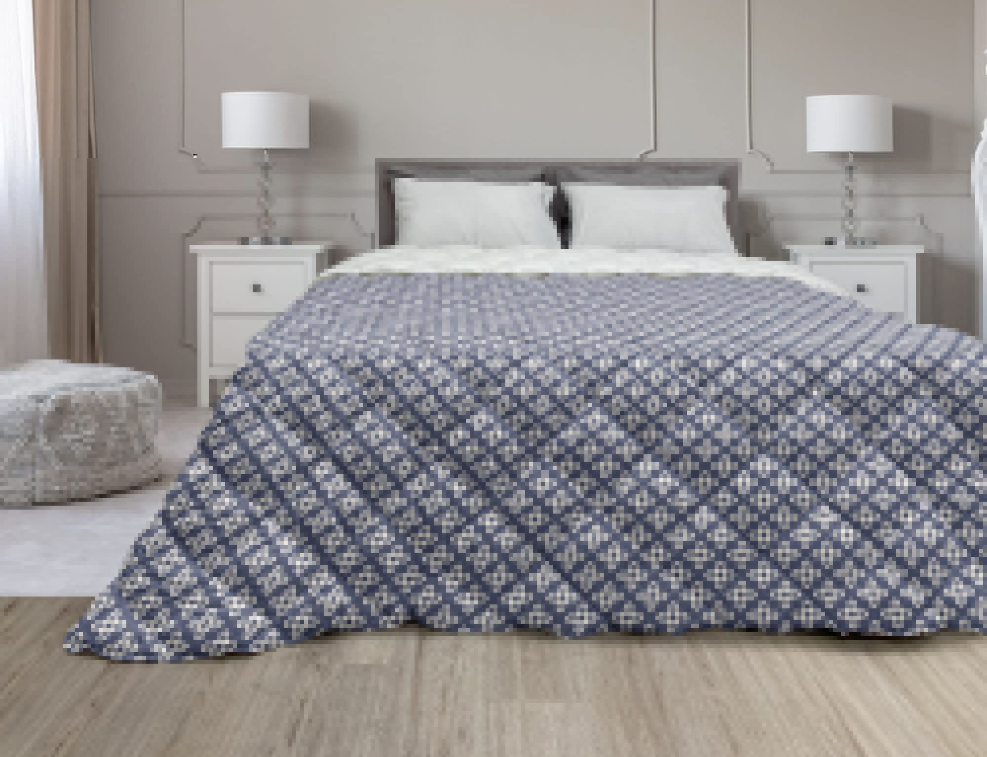 Ambesonne Abstract Down Alternative Comforter King Size - Geometric Floral Design Microfiber All-Season Bedding Set in Dark Indigo Champagne - Perfect for Master Bedroom, Guest Room & Dorm Decor
