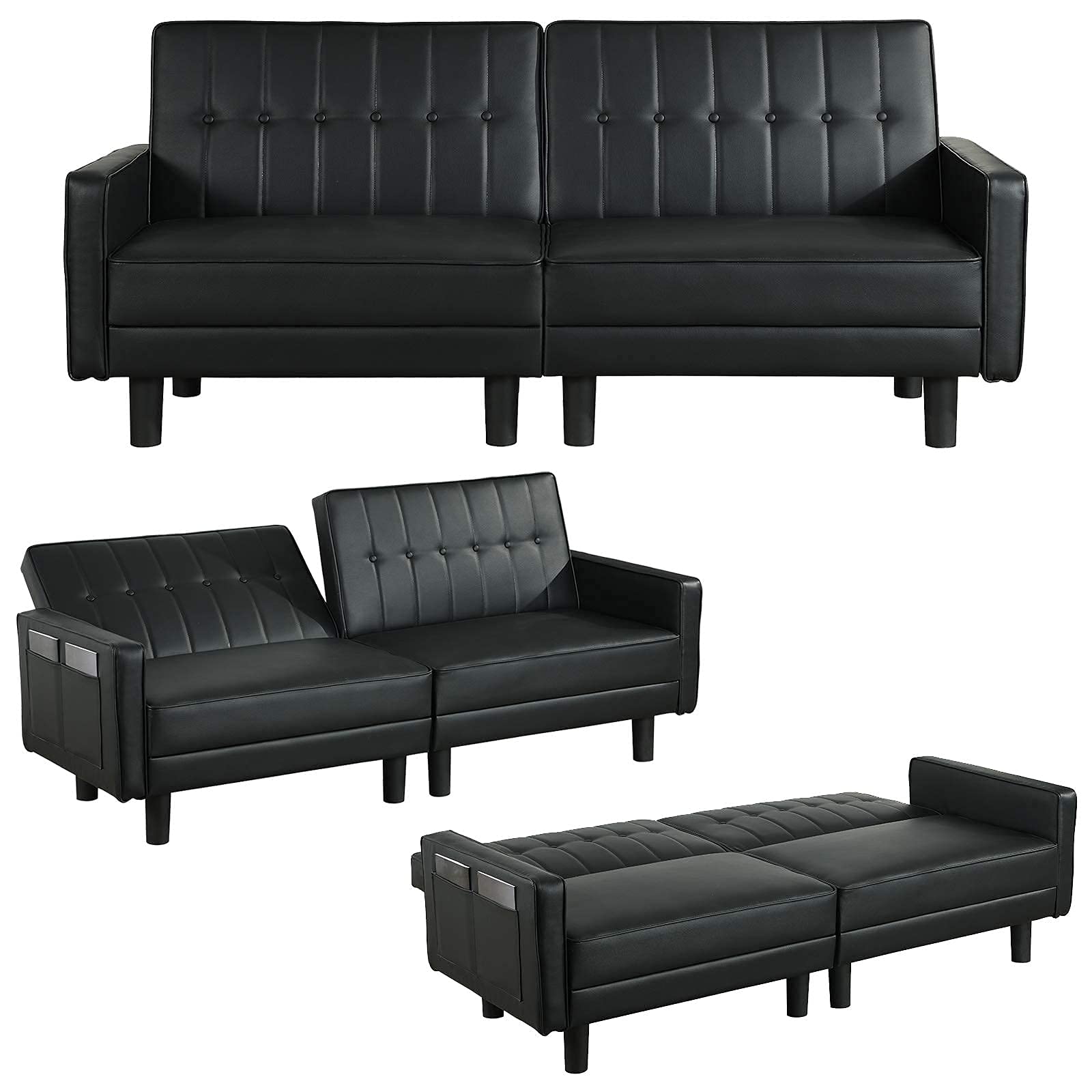 Faux Leather Convertible Futon Sofa Bed - Foldable Recliner with Adjustable Backrest & Side Pockets - Sleeper Loveseat for Small Spaces - Perfect for Living Room, Apartment, Dorm & Guest Room (Black)