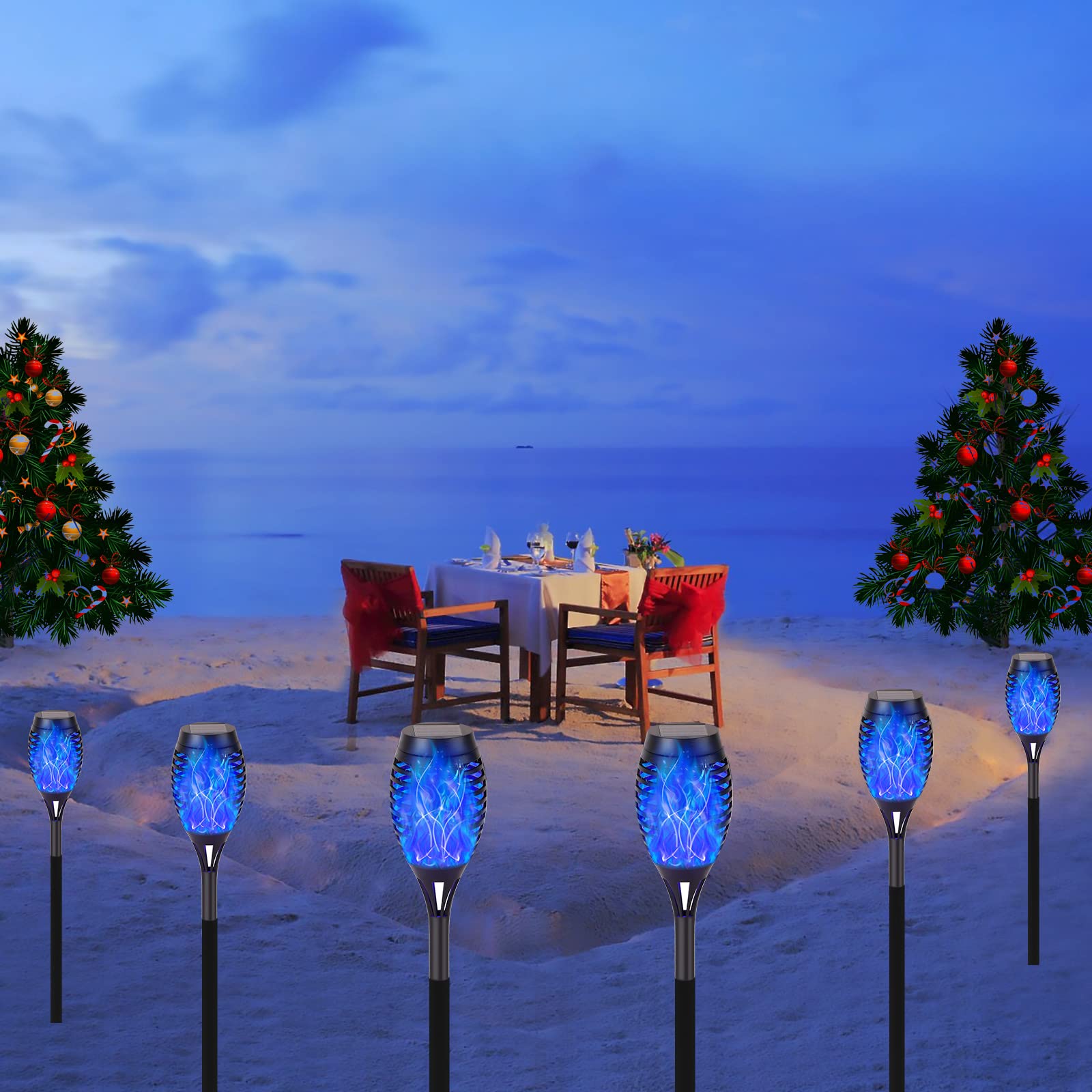 6 Pack Solar Lights Torches - Blue LED Flickering Flame Outdoor Waterproof Pathway Lights for Garden, Yard & Patio | Solar Powered Auto On/Off Landscape Lanterns | Perfect for Walkways, Driveways & Poolside Decor