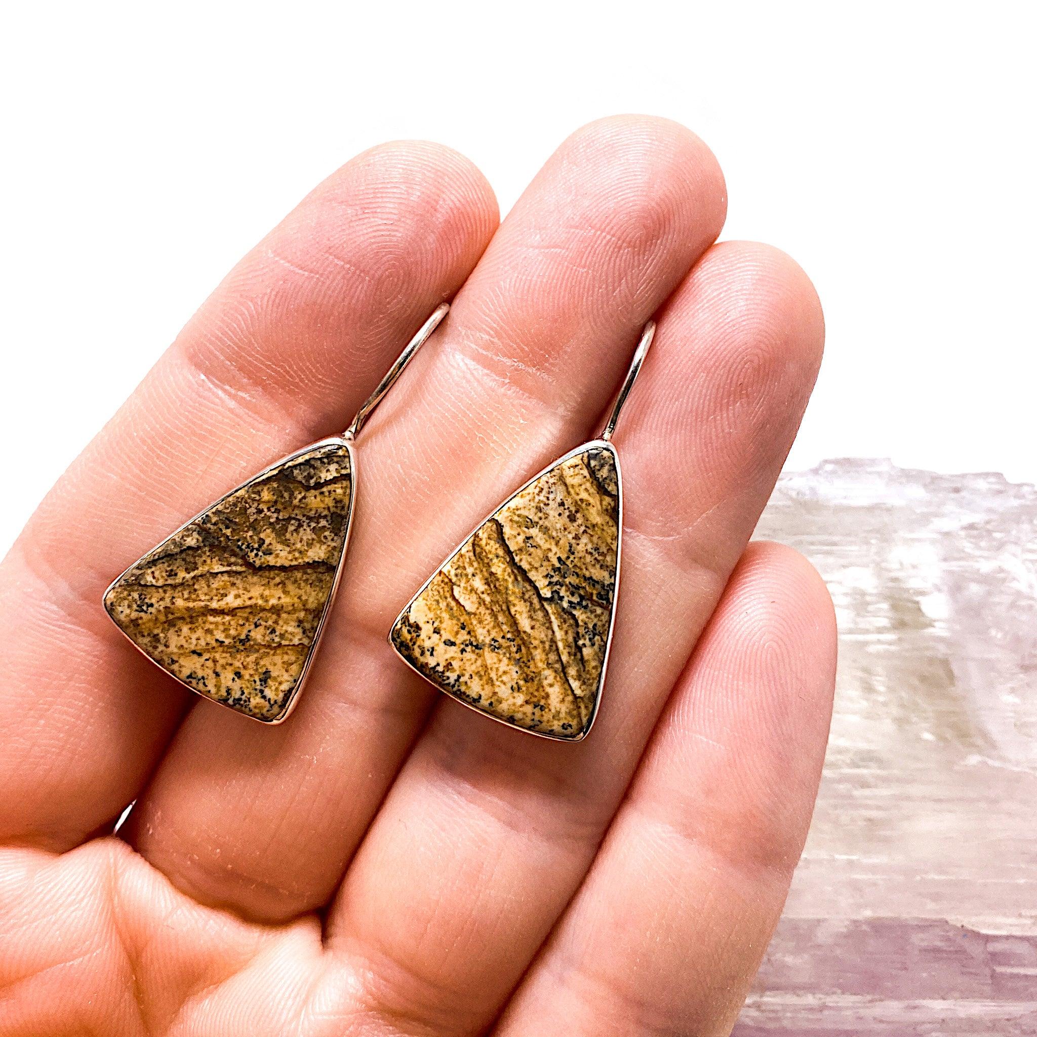 Natural Picture Jasper Triangular Cabochon Earrings for Women - Handmade Gemstone Jewelry for Boho, Hippie & Casual Outfits | KEGJ533