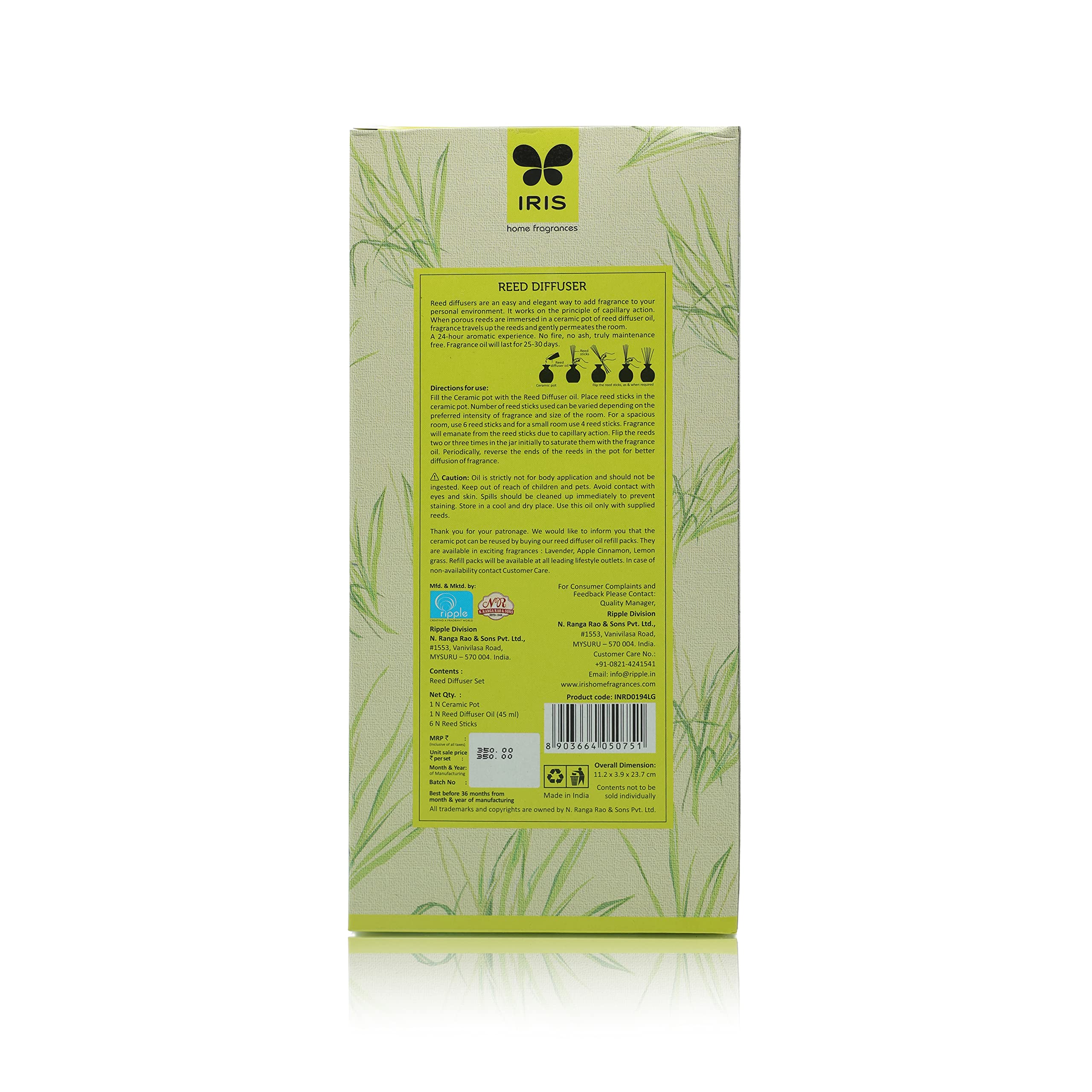 Premium IRIS Lemongrass Reed Diffuser - Natural Aromatherapy, Toxin-Free Home Fragrance for Relaxation & Mood Enhancement - Made in India (50 x 50 x 100mm) - Perfect for Living Rooms, Bedrooms & Office Spaces