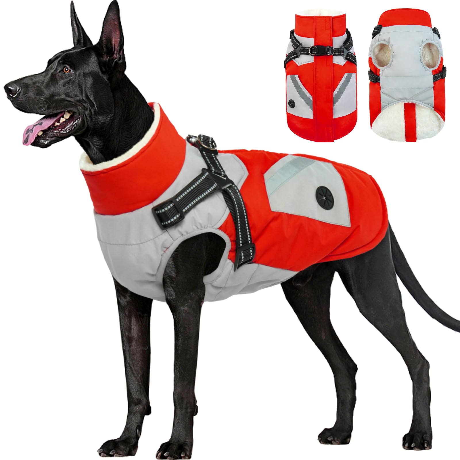 FUAMEY Waterproof Dog Jacket with Built-in Harness - Winter Coat with Back Zipper, Snowsuit Pet Clothes, Poop Bag Pockets & Reflective Vest for Extra Large Dogs (Red, XXL) - Ideal for Cold Weather Walks, Snow Play & Nighttime Safety
