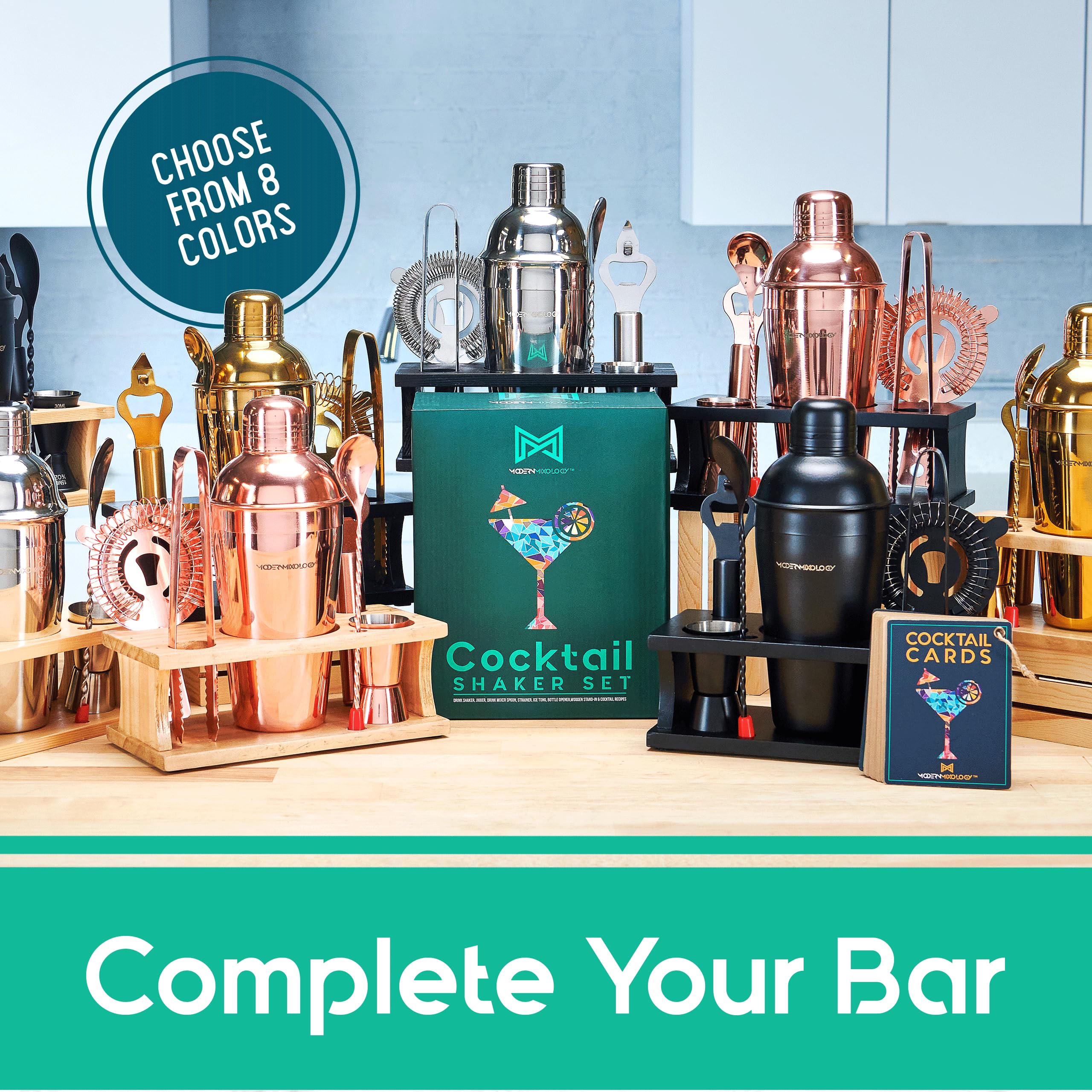 8-Piece Gold Cocktail Shaker Set with Pine Wood Stand, Recipe Cards & Bar Accessories - Premium Mixology Kit for Home Bartending & Party Hosting