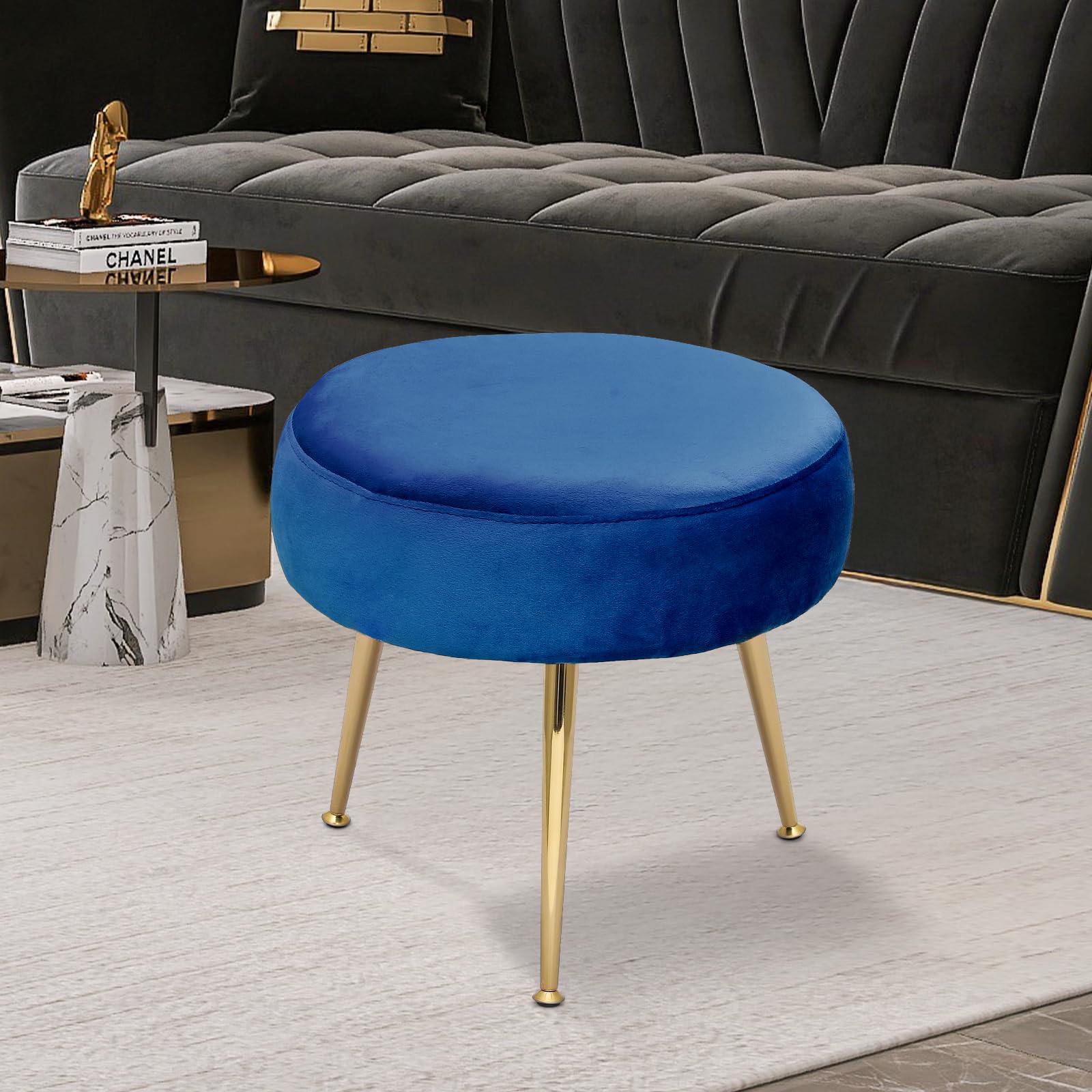Magshion Velvet Vanity Stool - Round Ottoman Makeup Chair with Sturdy Metal Legs, Small Footstool for Dressing Table, Bedroom, Living Room | Perfect for Makeup Vanity, Reading Nook & Cozy Home Decor (Blue)
