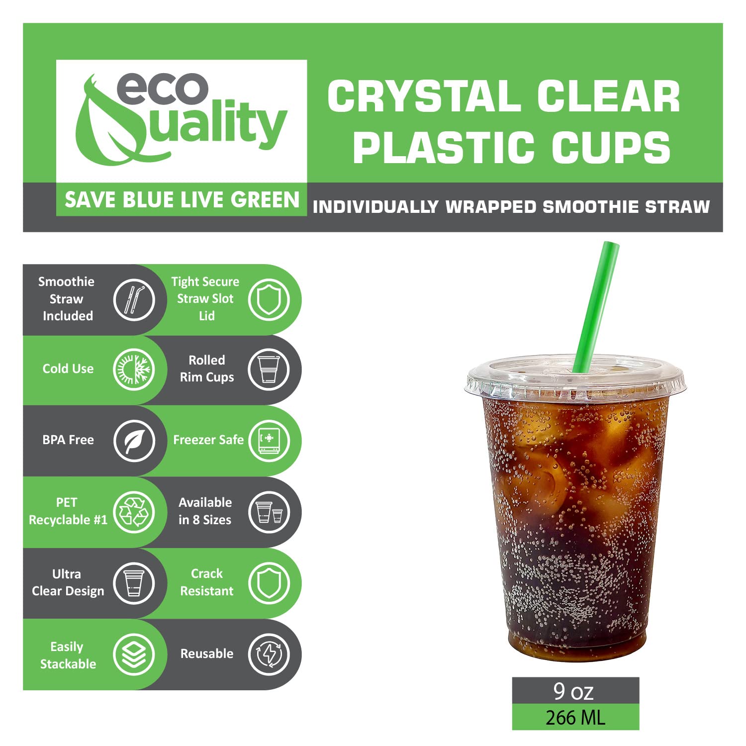 500 Count 9 oz Clear Plastic Disposable Cups with Lids & Smoothie Straws - BPA-Free PET Drinkware for Smoothies, Protein Shakes, Bubble Tea, Iced Coffee, Boba, Fresh Juice - Perfect for Meal Prep, Parties, Cafes & Takeout