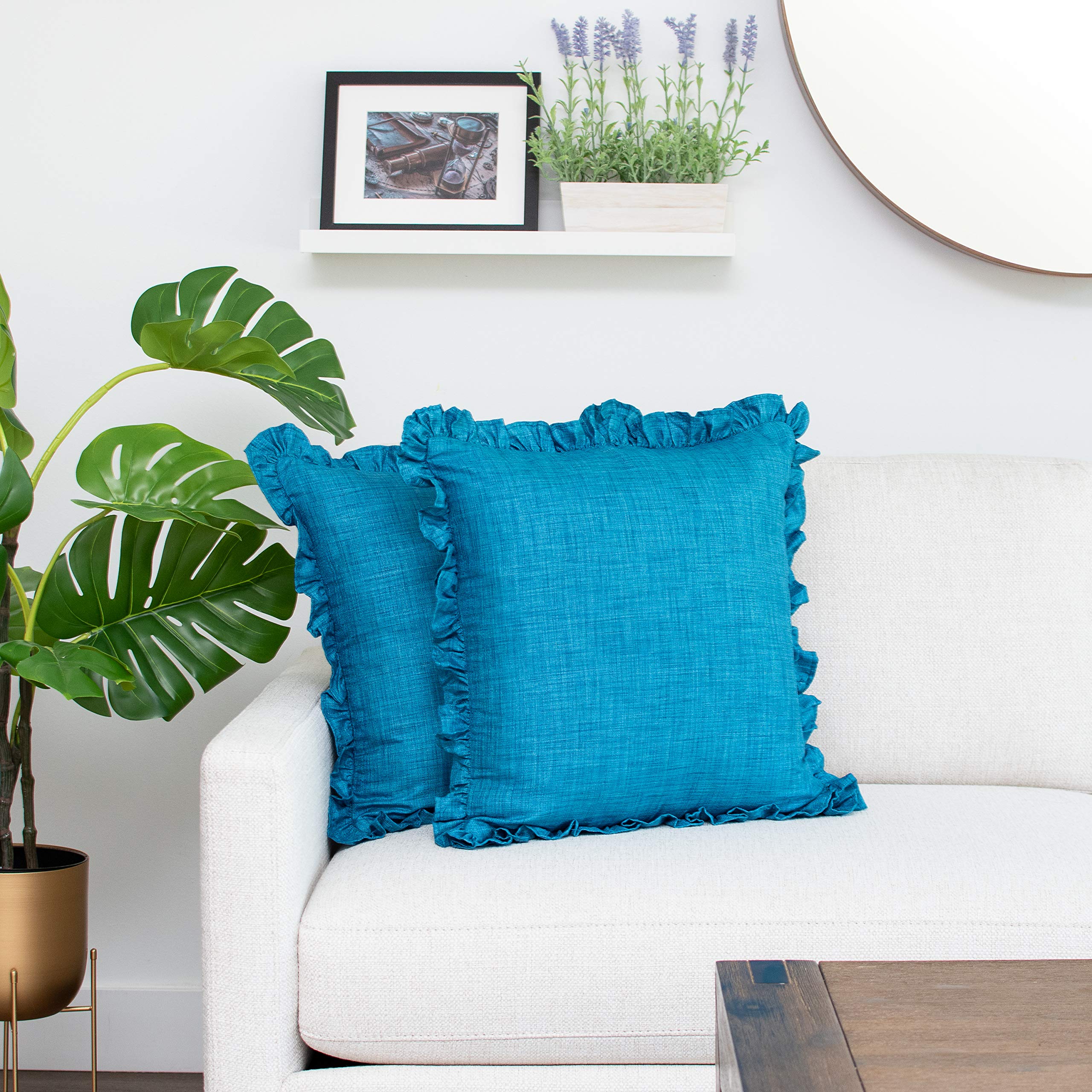 Turquoise Floral Frill Polyester Decorative Pillow Covers - Washable Sofa Couch Bed Pillowcases - Set of 2 (16x16 Inches) for Living Room, Bedroom & Home Decor