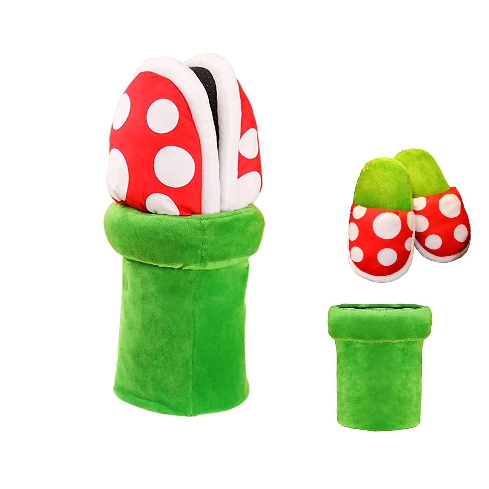 Piranha Plant Slippers - Super Mario Inspired Plush House Slippers with Green Pipe Pot Holder | Cute Mushroom Slippers for Gamers & Anime Fans | Perfect Gift for Cosplay, Lounge Wear & Video Game Enthusiasts