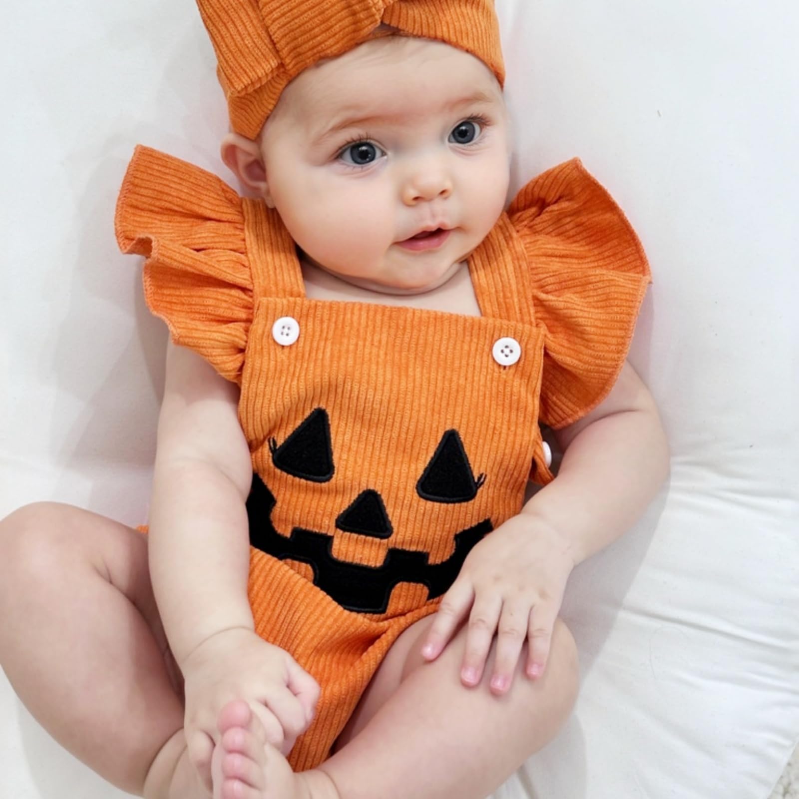 Adorable Halloween Baby Girl Outfit - Newborn Pumpkin Bubble Romper & Corduroy Overalls Set | Cute Infant Pumpkin Costume for Photo Shoots & Trick-or-Treating