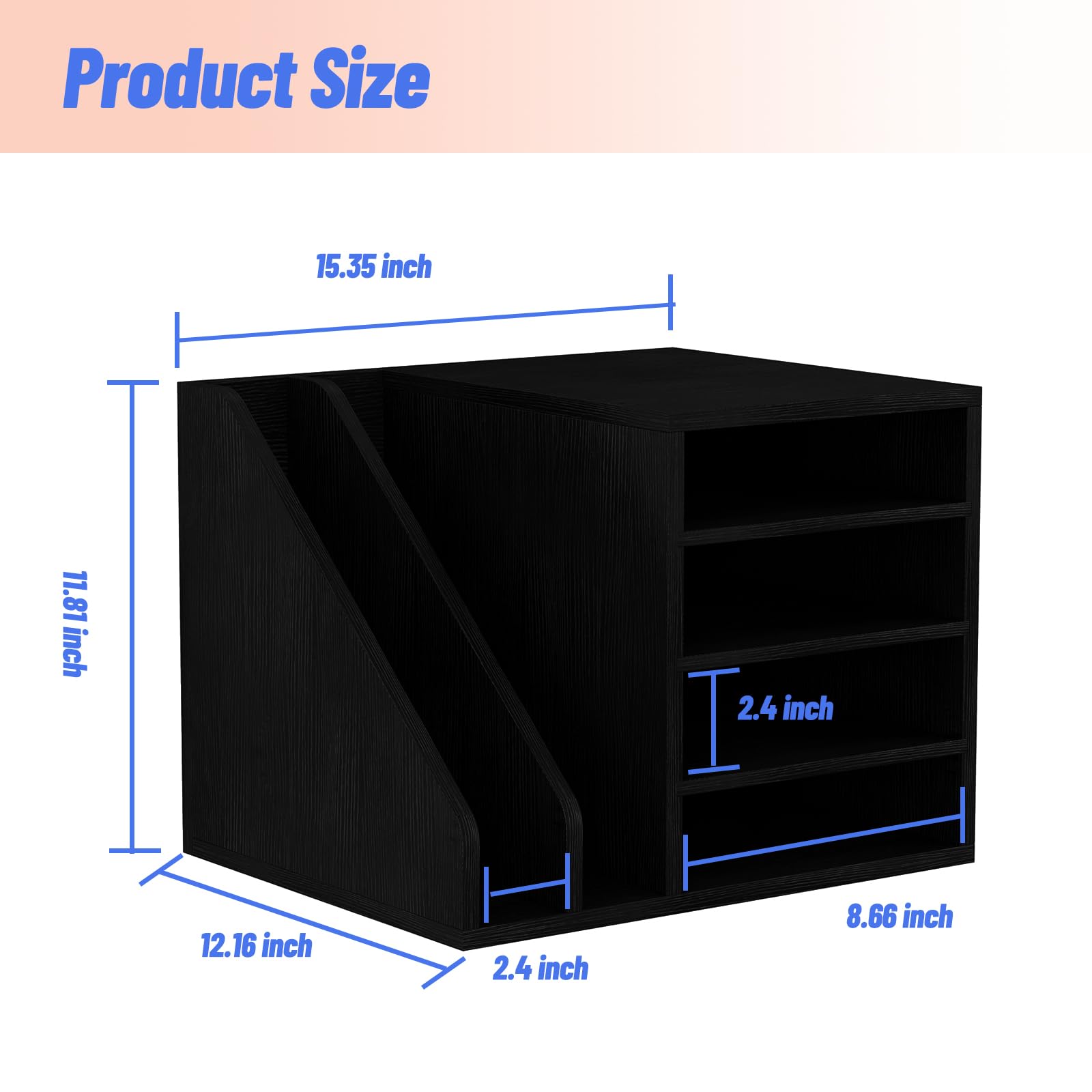 Wooden File Holder with Adjustable Compartments - Desktop Mail & Paper Organizer for Home Office School - Black Envelope Sorter & Document Organizer - Perfect for Bills, Letters, Office Supplies & Mail Sorting
