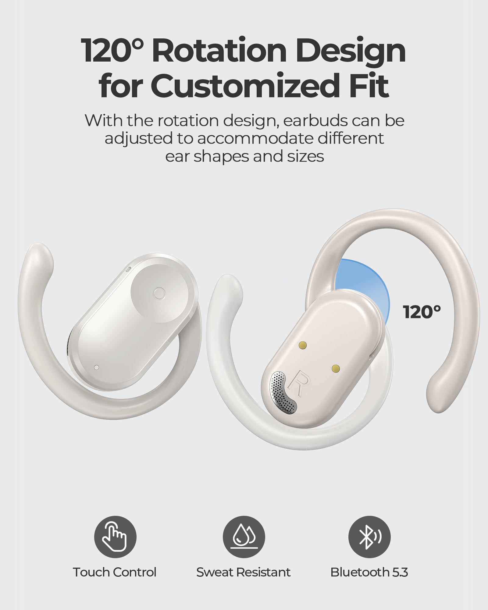 Open Ear Bluetooth Headphones 5.3 - Wireless Sports Earbuds with Adjustable Earhooks, 120° Rotation, 36H Playtime & Fast Charging (1.5H) - Sweatproof Workout Earphones for Running, Cycling & Gym (White)