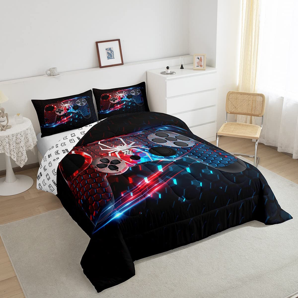 Erosebridal Boys Bedding Set Full Size - Honeycomb Pattern Gaming Comforter Set for Teen & Toddler Boys - Red and Blue Gamer Bedroom Decor - Perfect for Kids Room, Sleepovers and Gaming Themed Bedrooms