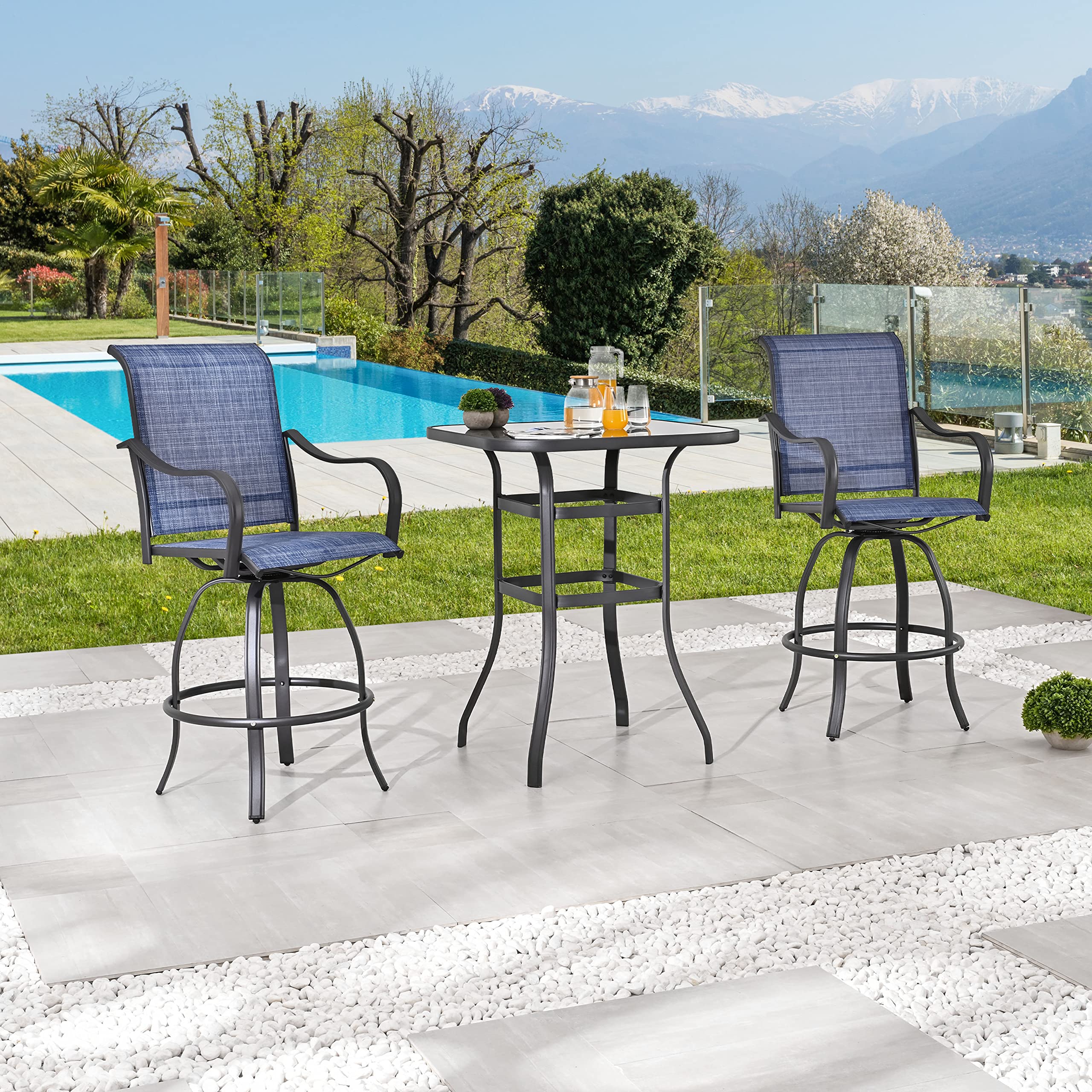 LOKATSE HOME 2-Piece Swivel Bar Stool Set with Adjustable Height - Blue Tesling Fabric for Outdoor Bistro & Patio Furniture - Perfect for Backyard, Deck, Garden, and Poolside Dining