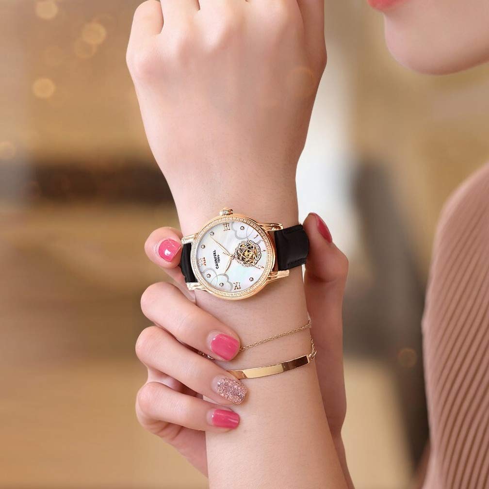 Elegant Mother of Pearl Dial Women's Mechanical Watch with Genuine Leather Band - Perfect for Business, Party & Everyday Wear