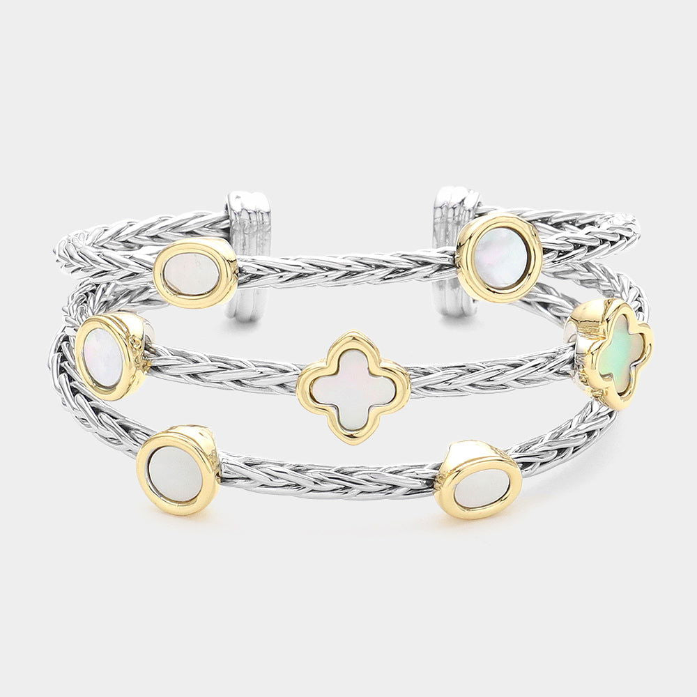 Elegant Mother of Pearl Bezel Quatrefoil Cuff Bracelet | Handcrafted Jewelry for Women | Perfect for Weddings, Parties & Special Occasions