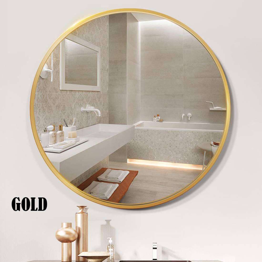 Round Wall-Mounted Bathroom Mirror - Aluminum Alloy Framed Large Vanity Mirror with Magnifying Feature for Shaving & Makeup - Perfect for Bathroom, Bedroom, Living Room and Hallway Decor