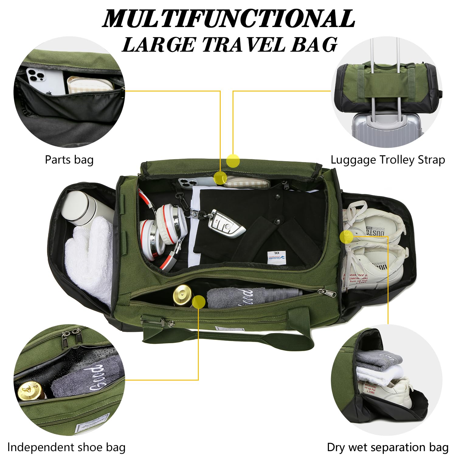 Laripwit 40L Gym Backpack for Men & Women - Sports Duffle Bag with Shoe Compartment & Wet Pocket - Basketball Travel Bag for Weekender, Overnight Trips, Workout & Gym Use - Green