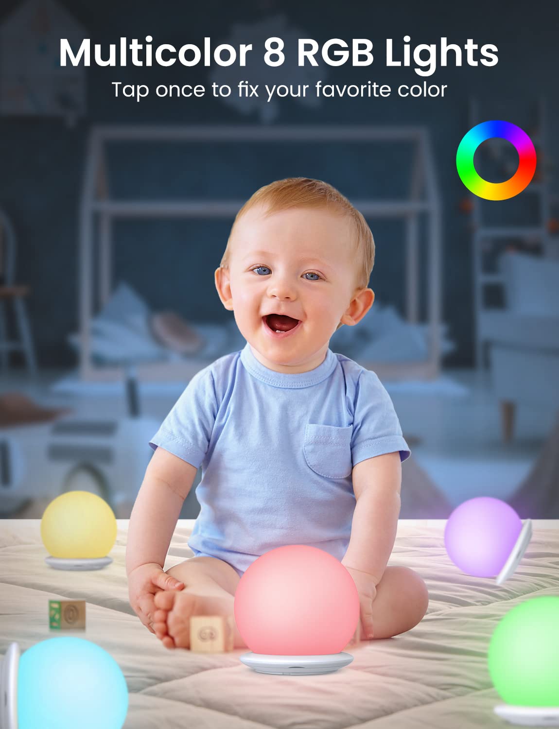 **Touch Control Night Light for Kids & Adults - 8 RGB Colors, USB Rechargeable, Dimmable Warm LED Lamp for Nursery, Bedroom, Baby & Toddler - Perfect for Sleep, Feeding & Relaxation**