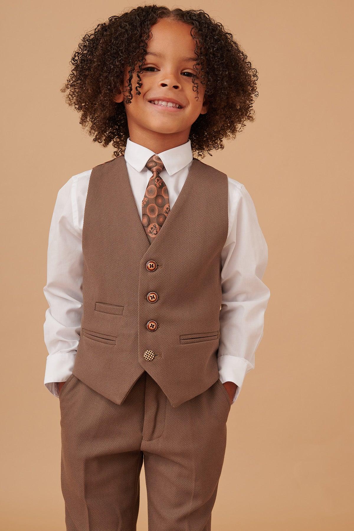 HM5 Kids' Tan Tailored 3-Piece Suit for Boys | Formal Wear for Weddings, School Photos & Special Occasions
